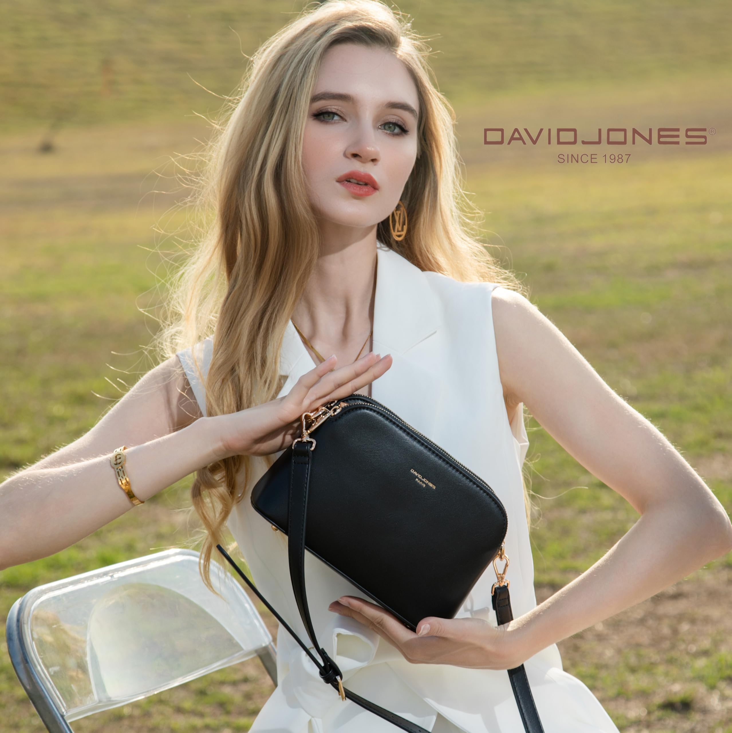 David Jones - Damen Kleine Umhängetasche - Schultertasche PU Leder Viele Fächer 3 Reißverschlüssen Frau - Crossbody Bag mehrere Taschen - Modisch Elegant Handtasche Alltag Abend Freizeit -