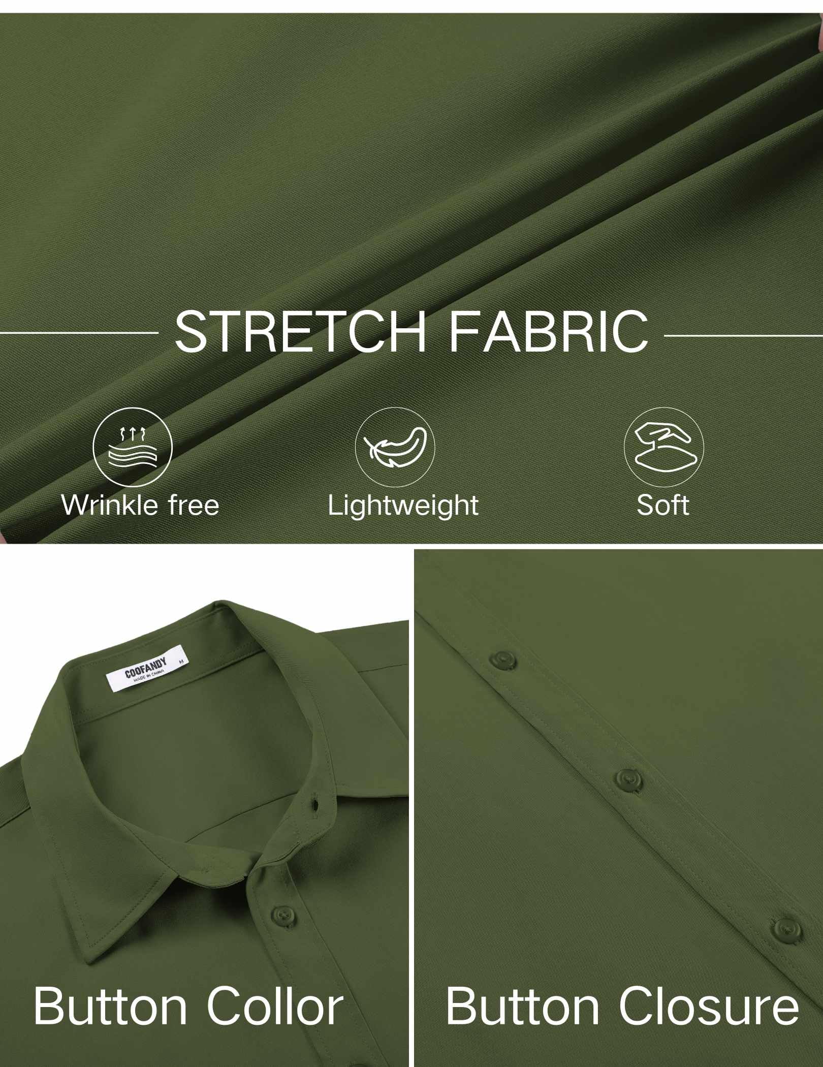 COOFANDY Men's Stretch Dress Shirts Short Sleeve Wrinkle Free Casual Button Down Shirts: Army Green X-Large