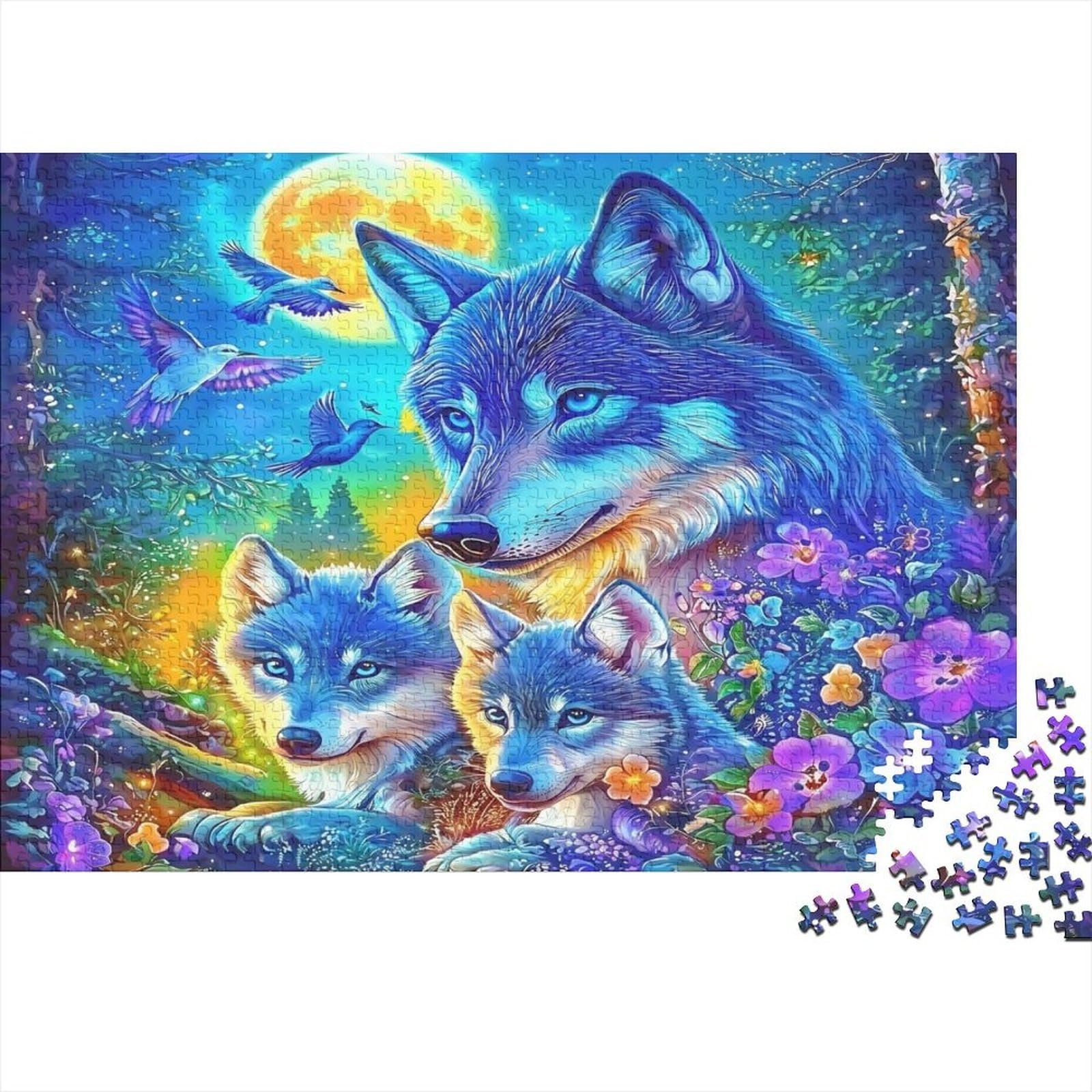 Blue Wolf Family Fantasy Puzzle 1000 Pieces Challenge Toy for Adults, Impossible Jigsaw Puzzles 1000 Piece Educational Games Home Decoration 52x38cm/1000pcs — image 1
