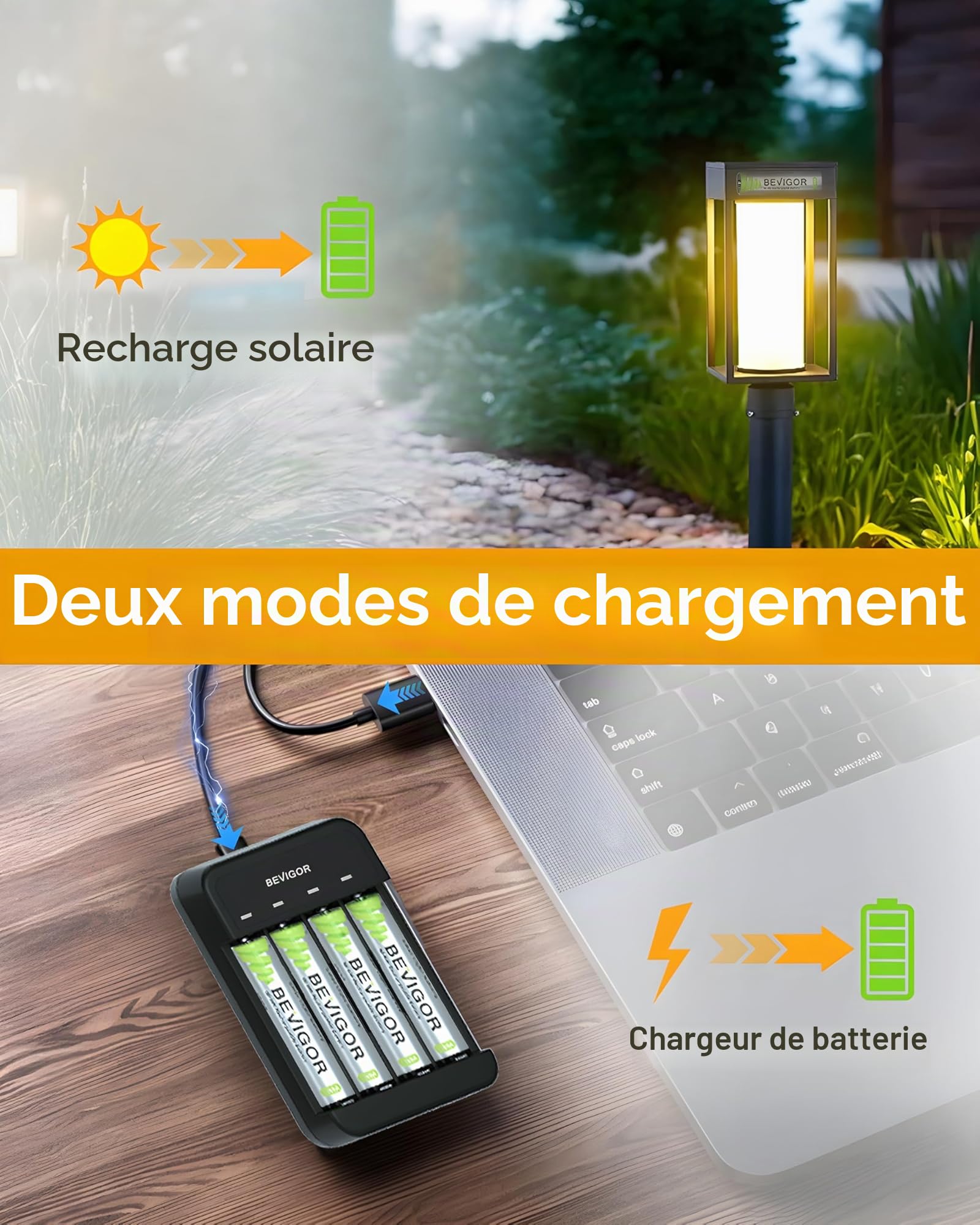 BEVIGOR Piles Rechargeables Solaires AA 1000mAh 1.2V NiMH pour Lampes Solaires Extérieures