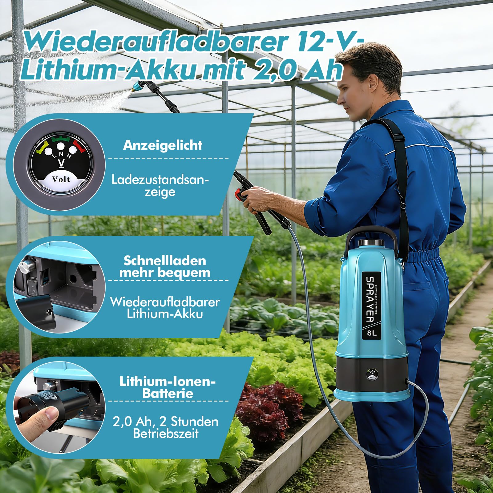 Viugreum 8L Pulverizador de Jardín a Batería, 12V Pulverizador de Jardín Eléctrico con 5 Boquillas de Nebulización, Lanza Telescópica y Correa Ajustable para Riego, Irrigación y Mantenimiento