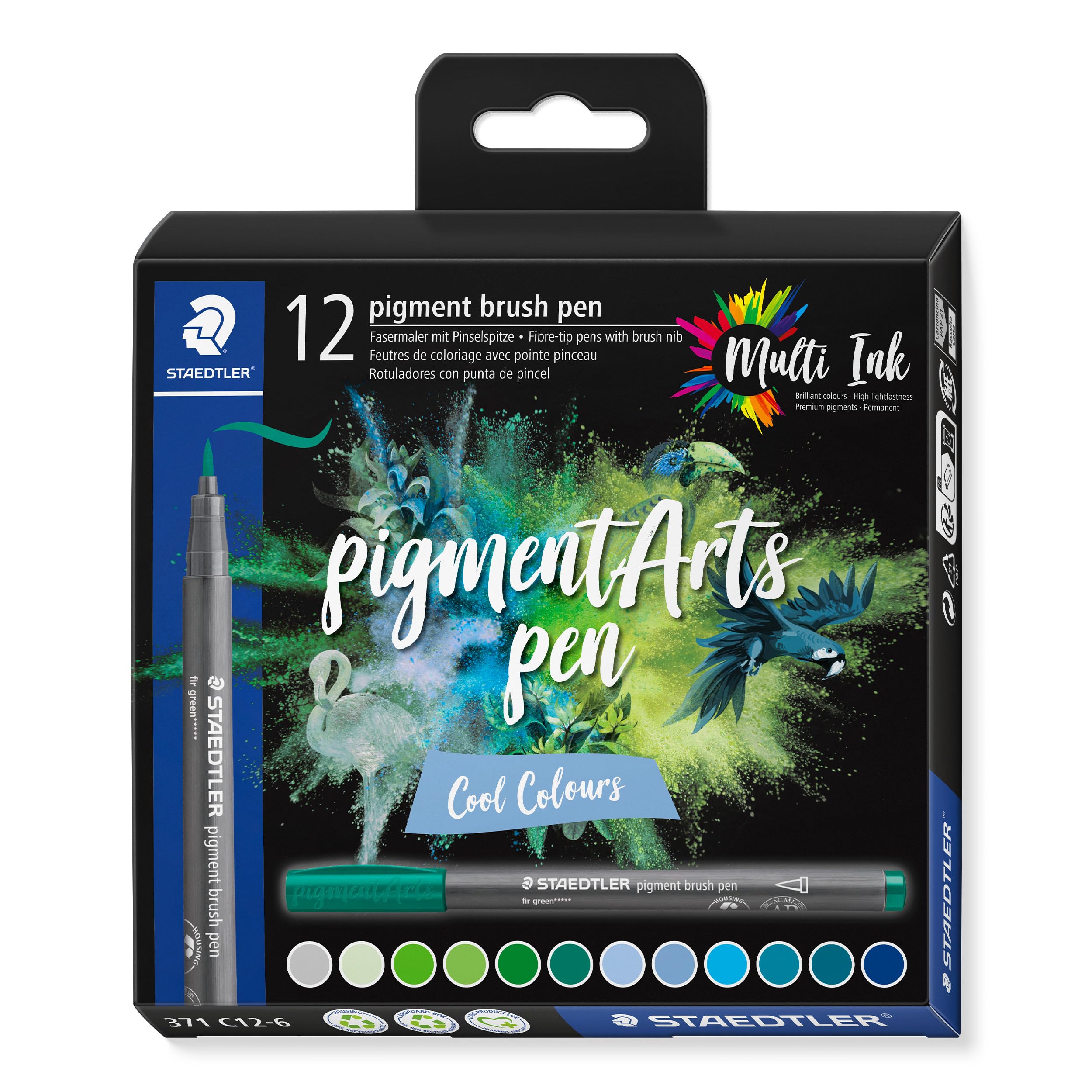 STAEDTLER 371 C12-6 Pigment Arts Brush Pen - Assorted Cool Colours (Pack of 12), 12 count (Pack of 1)