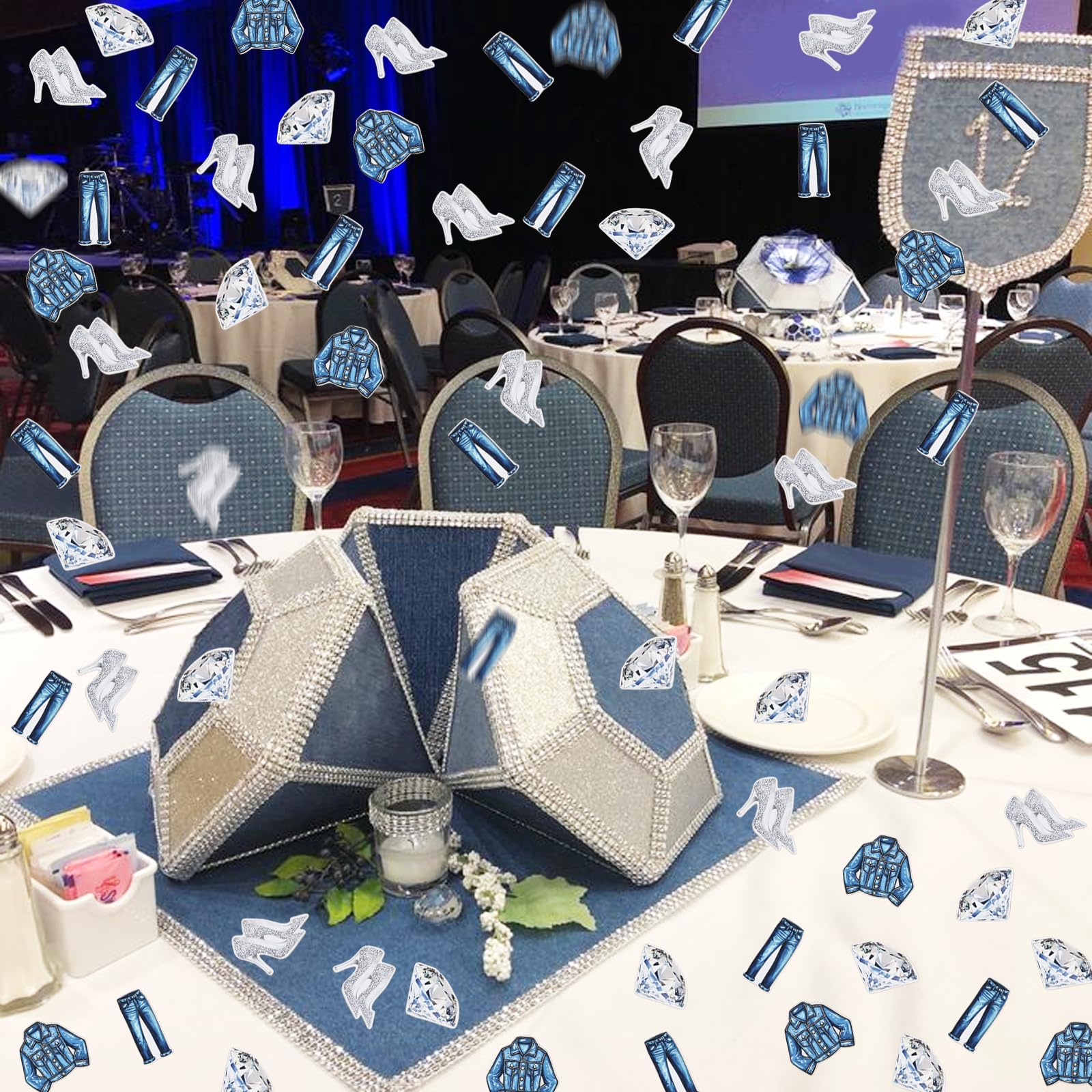 Denim und Diamanten Partydekorationen, 200 Stück Denim und Diamanten Tischkonfetti für doppelseitige Tisch-Party-Dekorationen, Brautschmuck, Geburtstag, Hochzeit, Verlobung
