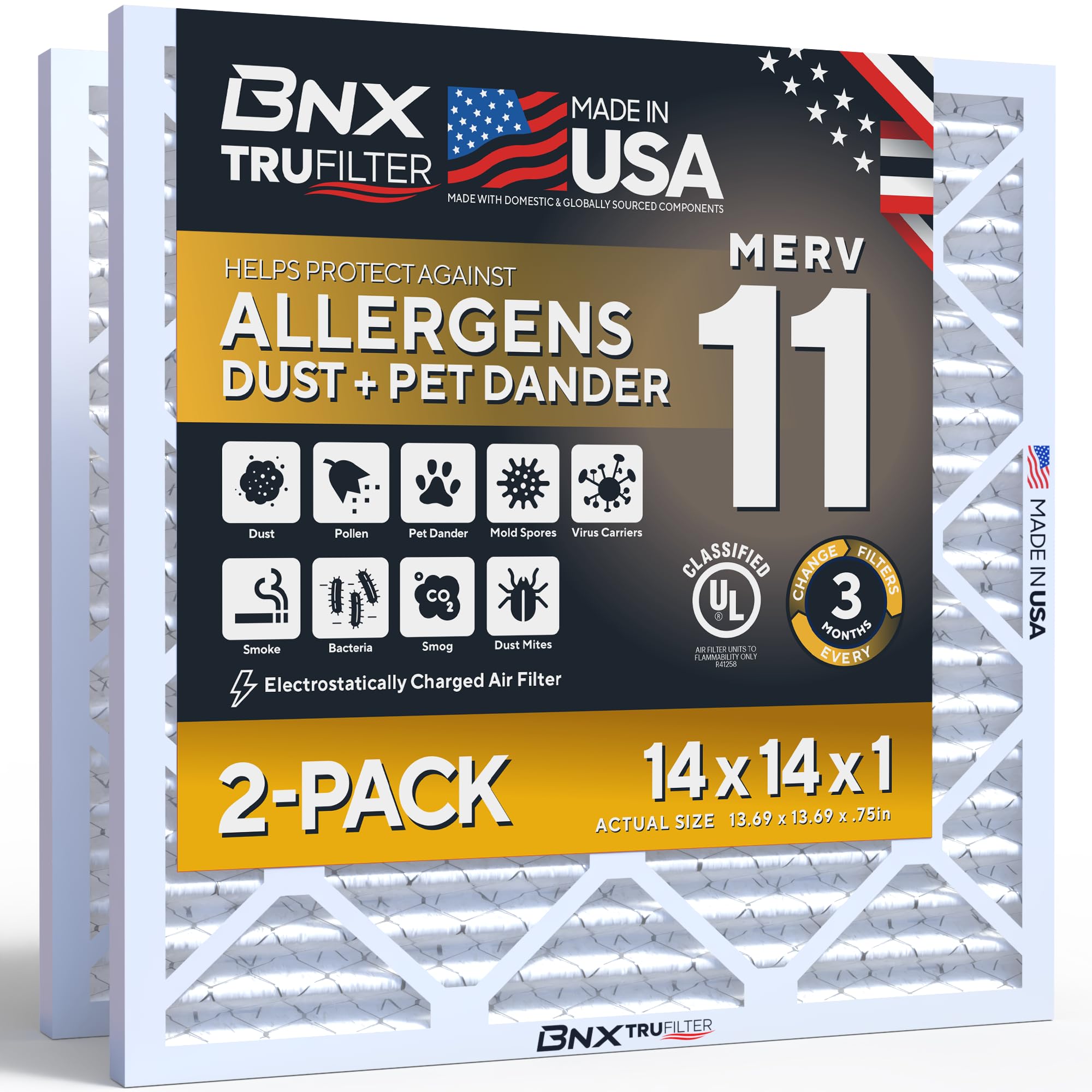 BNX TruFilter 14x14x1 Air Filter MERV 11 (2-Pack) - MADE IN USA - Allergen Defense Electrostatic Pleated Air Conditioner HVAC AC Furnace Filters for Allergies, Dust, Pet, Smoke, Allergy MPR 1200 FPR 7