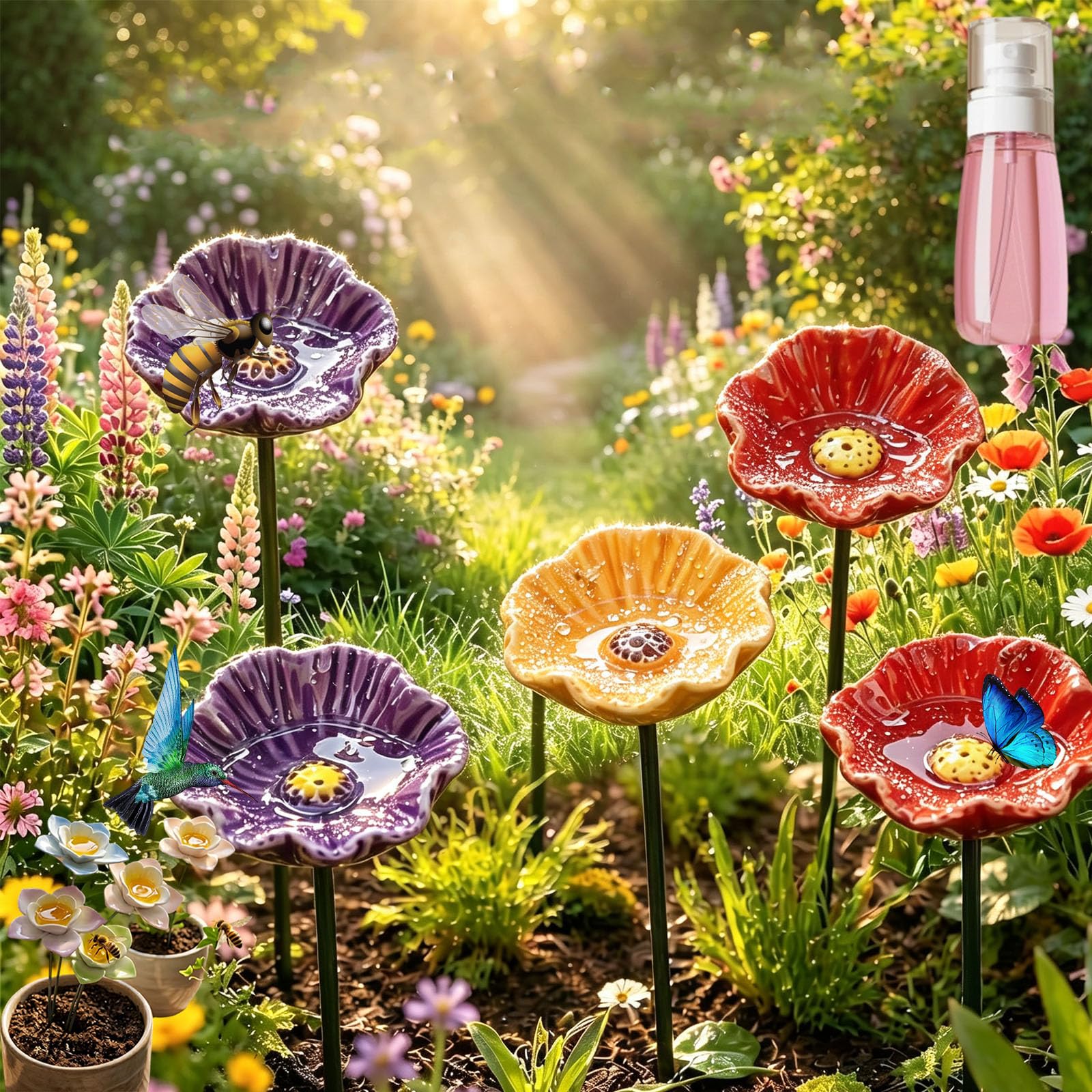 Handcrafted Ceramic Bee Watering Station, Colorful Flower Bee Drinking Cups for Garden, Butterfly Pollinator Water Station with Garden Stake, Outdoor Bee Feeder Decor for Yard & Porch (6pcs* mix)