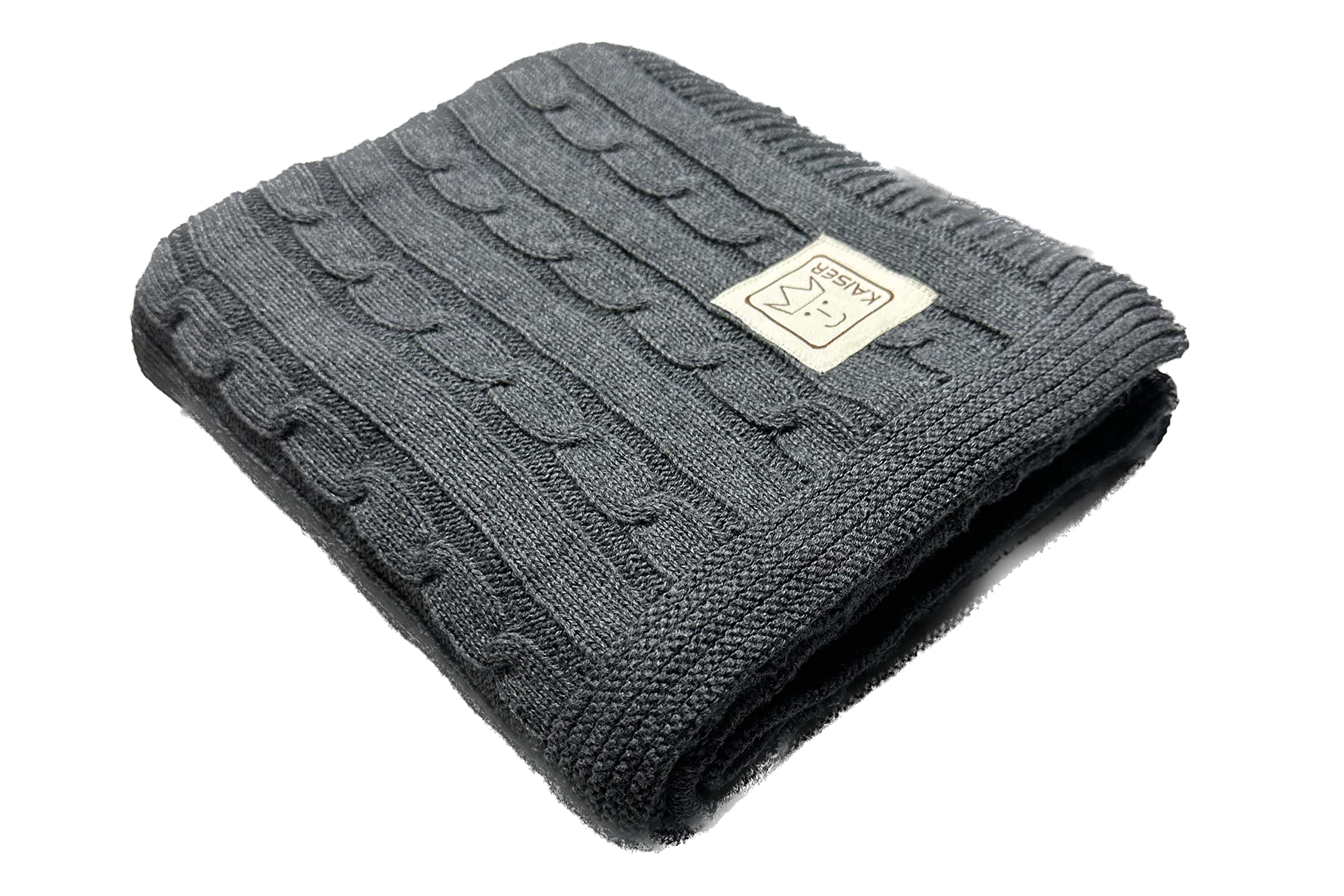 Kaiser 6521824 Cable Knitt – kocyk niemowlęcy z dzianiny, 100% bawełna ekologiczna (KBA), oddychający kocyk niemowlęcy, dla noworodka na lato, do wózka dziecięcego, kolor ciemnoszary