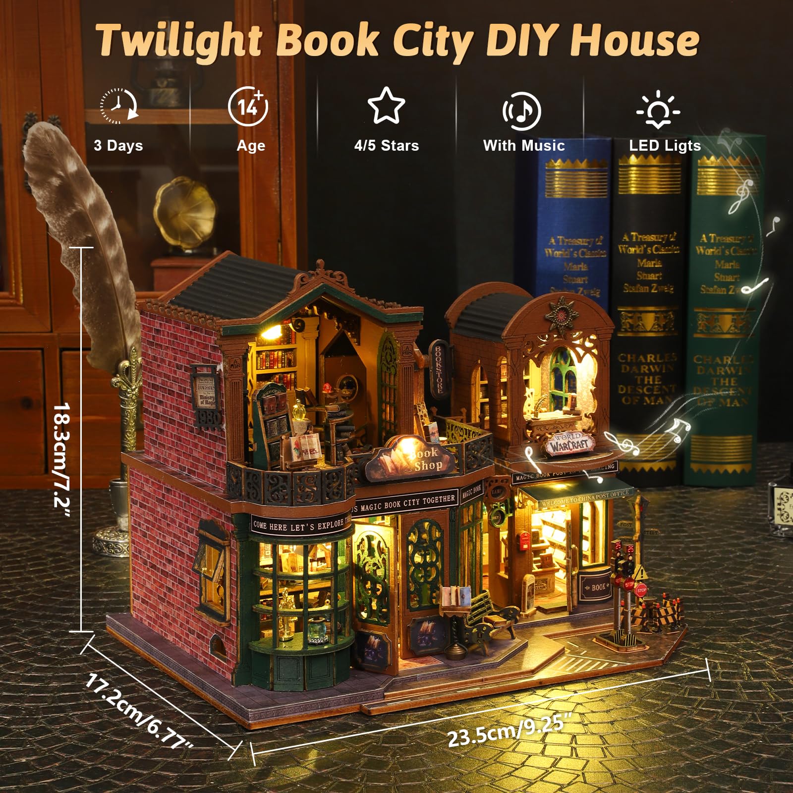 DIY Miniatur Haus, Mini 3D Holzpuzzle Puppenhaus Modell Set mit LED Spieluhr, Twilight Book City Tiny Haus Bücherregal Deko Bastelset, Geburtstag Geschenk für Erwachsene Frauen Männer