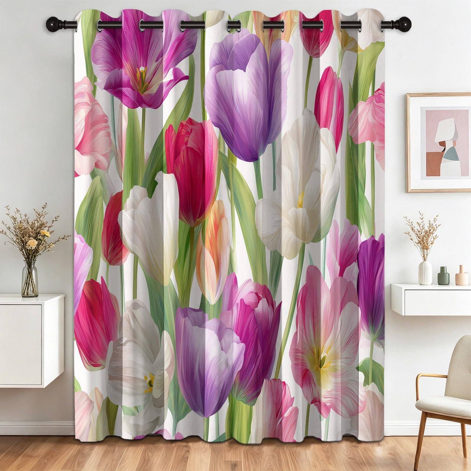 Lot de 2 rideaux occultants campagne botanique fleurs tulipes decoration interieur