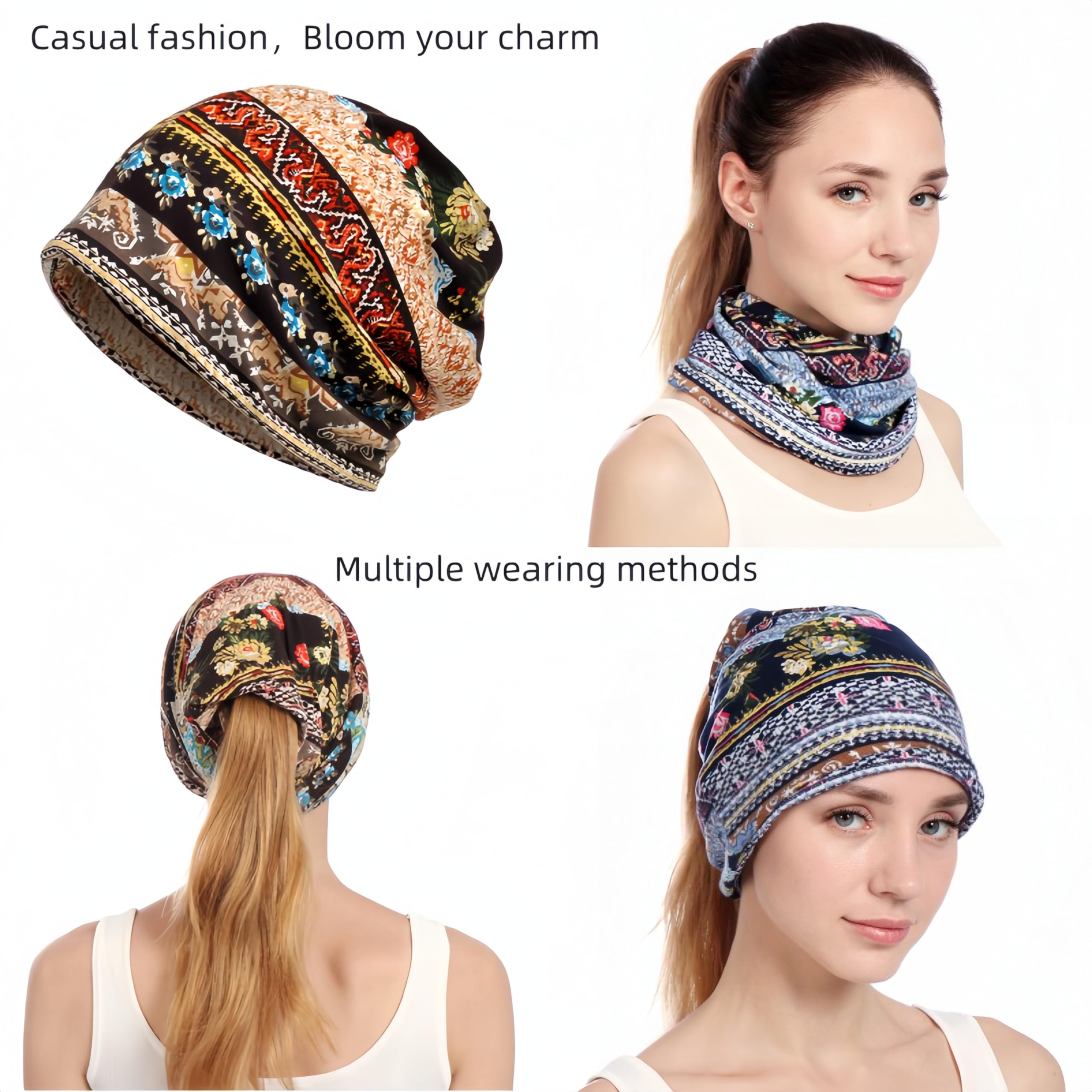 warsrnd Women's Slouchy Beanie Hat Chemo Caps Cancer Headwear Hats Turban Baggy Sleeping Cap Boho Hats (US, Alpha, One Size, 4pcs Multicolor A)