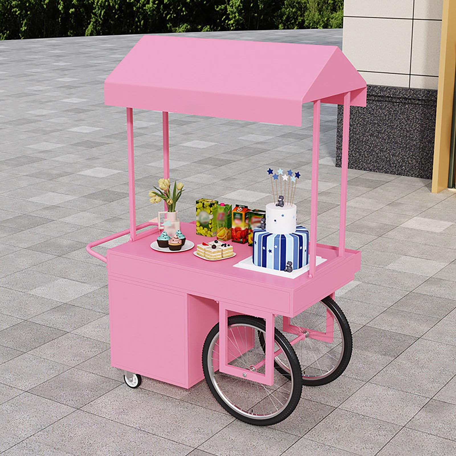 Carrello da pranzo portatile con tettoia parasole e ruote, bancarella mobile per eventi all'aperto e cibo da strada