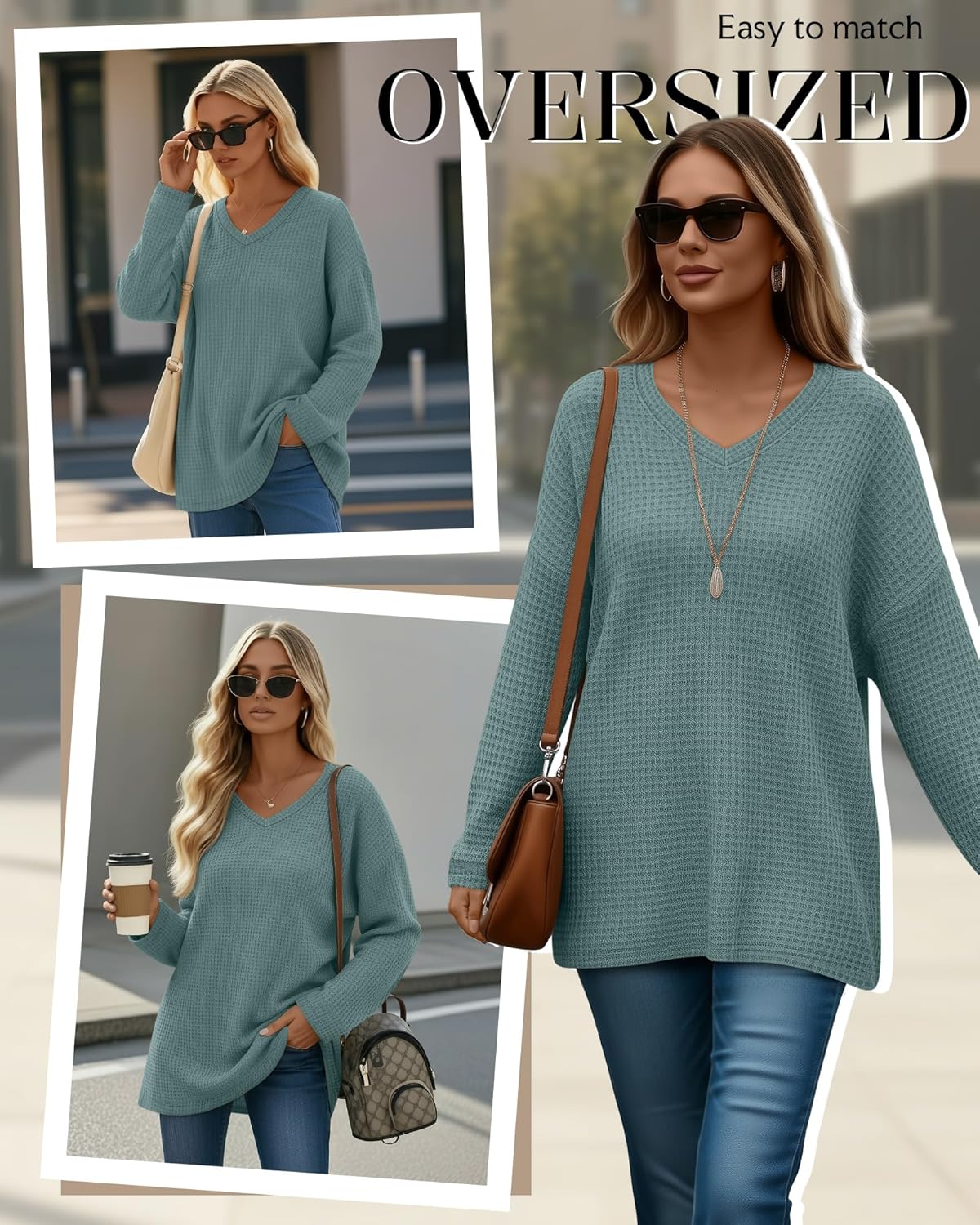 Women's Waffle Long Sleeve Tops, Oversized V Neck Knit Shirts Casual Fall Pullover Sweaters Loose Fit Tunic Tshirts - Image 2