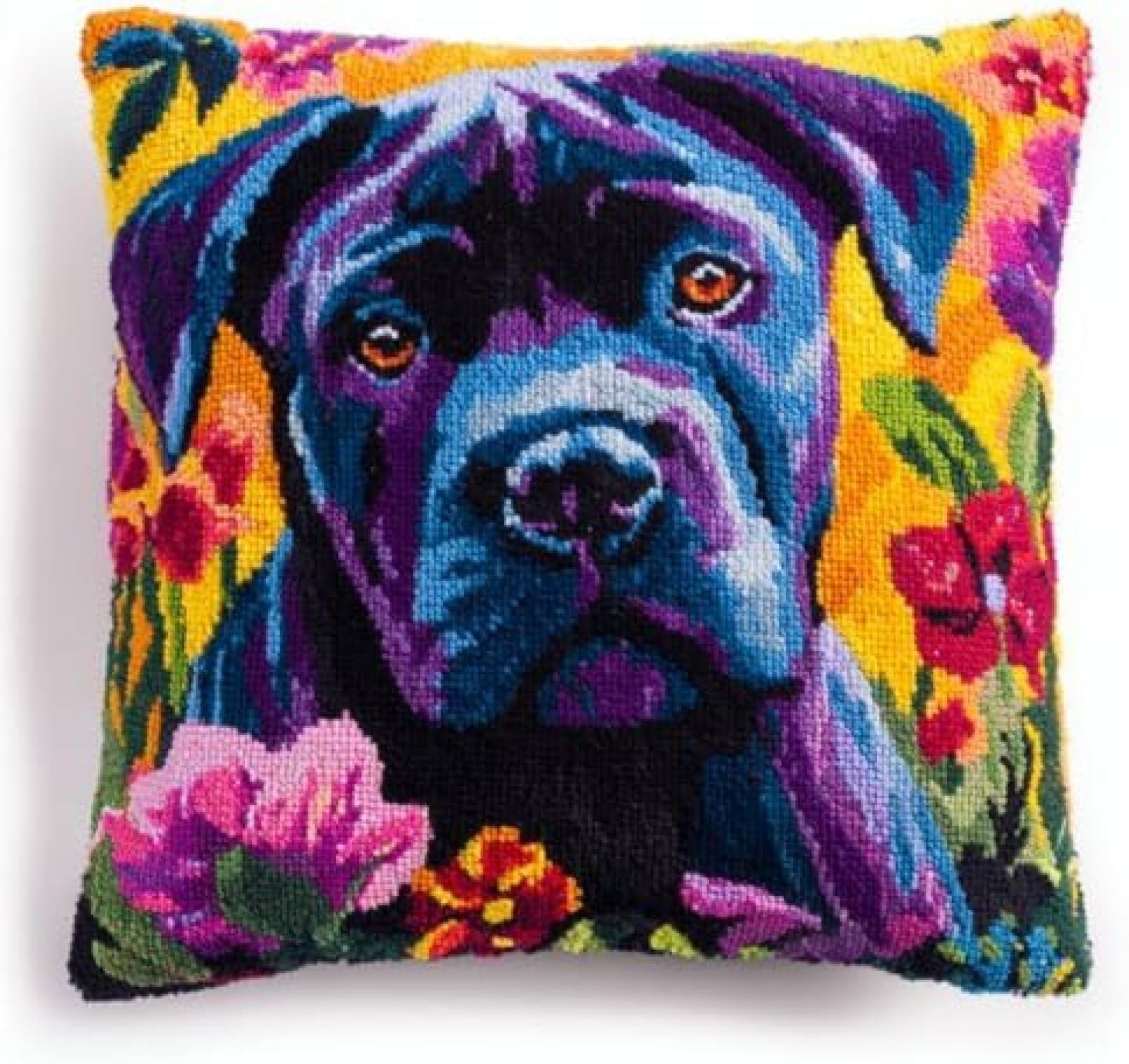 kitphoenix Latch Hook Cushion Cover Kit for Adults Beginners,Cane Corso Dog Portrait in Flowers,43x43 cm DIY Craft Kit with Pre-Printed Canvas,Pre-Cut Yarn and Hook