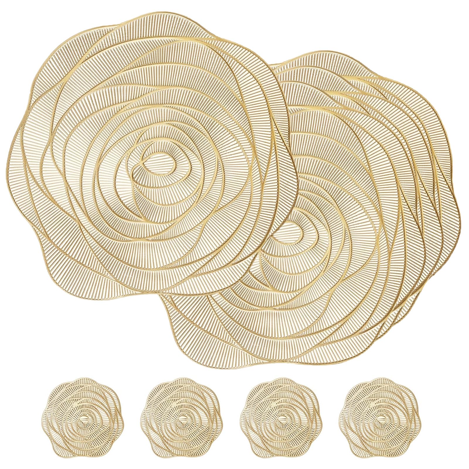 HUANYO 4+4 piece set Rose Placemats, Silver PVC Woven Hollow-out Gold Flower Table Mats, Heat Resistant Washable Non-Slip Placemats for Dining Kitchen Table Wedding Decoration (Rose)