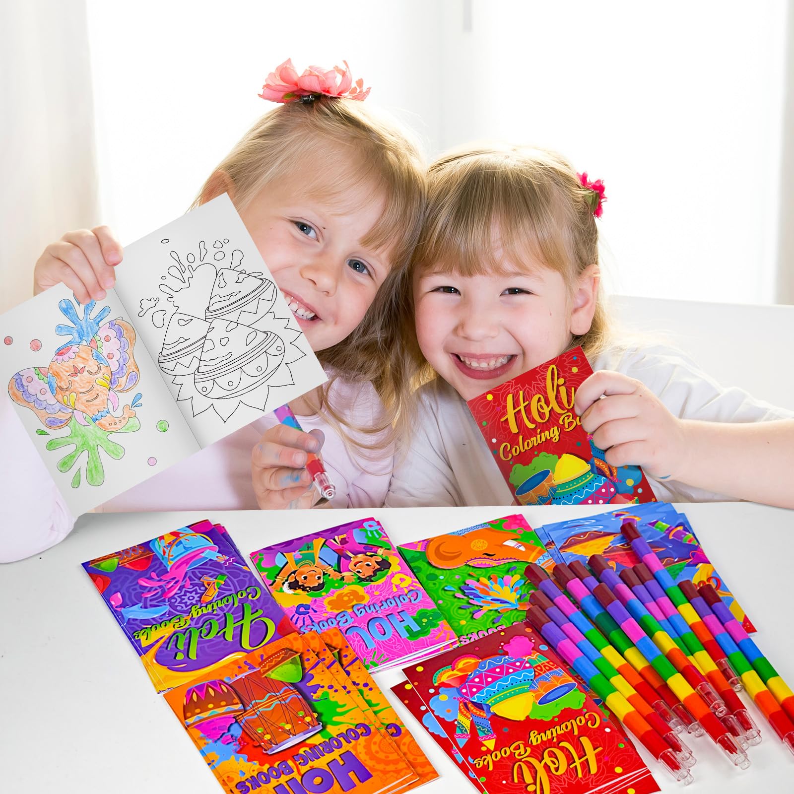 Cinrobiye Holi-Malbücher, Großpackung zum Selbermachen, Mini-Happy Holi-Kunst-Zeichenset mit stapelbaren Buntstiften für Festivals, indische Geburtstagspartys, Geschenke, Geschenktütenfüller, Schule