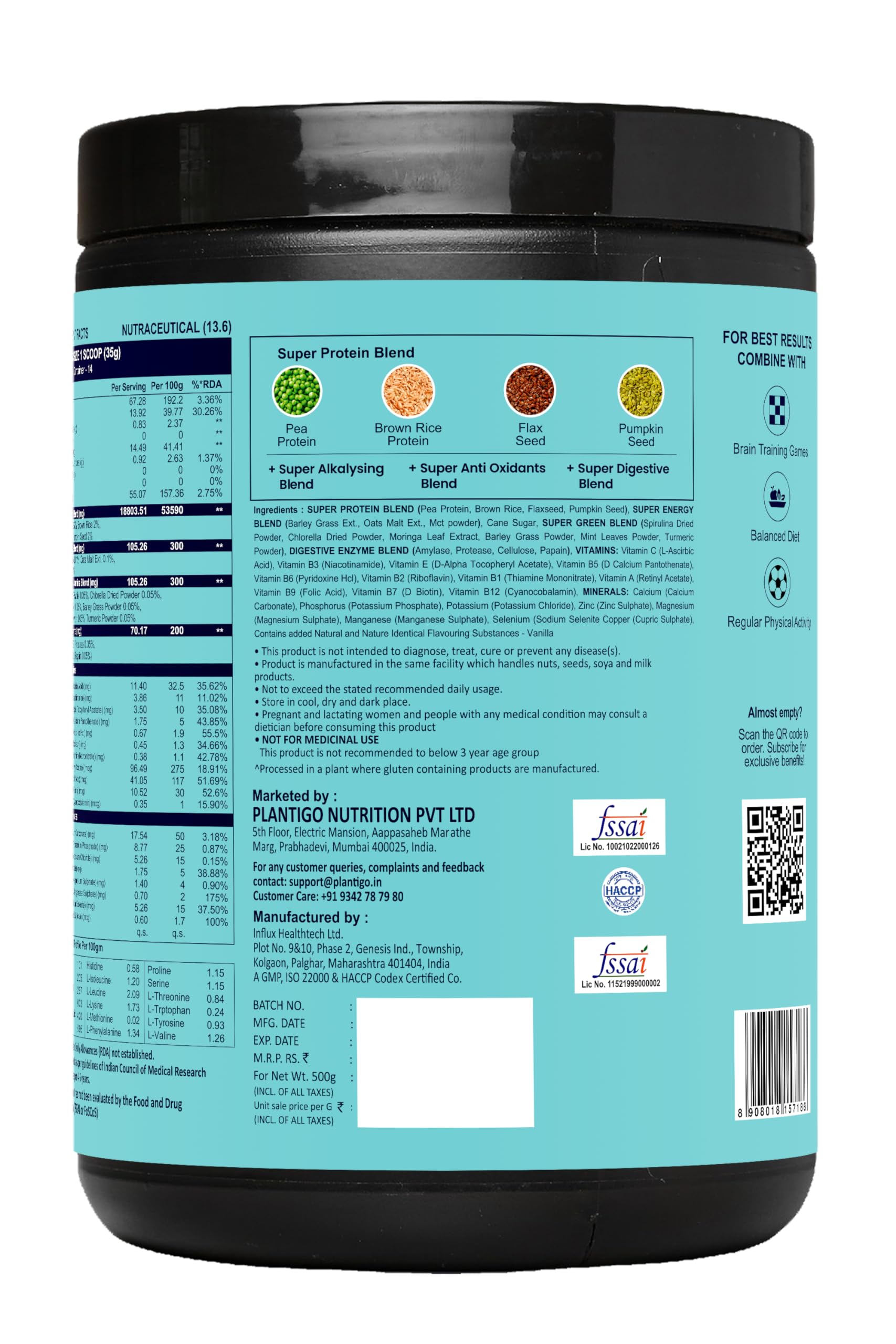 Plantigo Kids Protein 14g, 11 Vitamins, 8 Minerals, Nutrition Supplement | Muscle, Bone Growth & Brain Health | Plant Protein Powder for Kids 10+ years | (Vanilla Flavor - 500g + Shaker, 600ml) 2