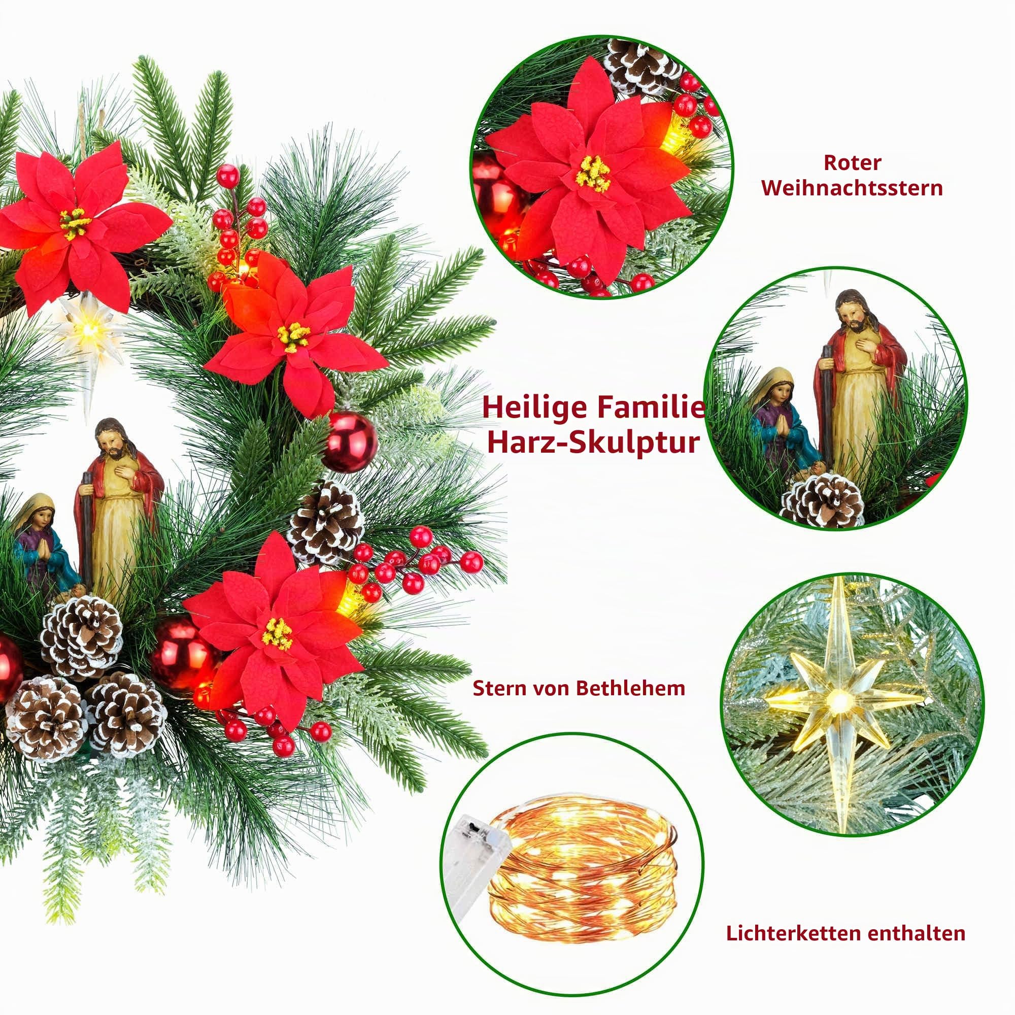 YULETIME 50,8 cm großer Weihnachtskranz mit Beleuchtung, batteriebetrieben mit 10 Lichterketten, Weihnachtskranz (Nativity Poinsettia) | Krippenstatue der Heiligen Familie, Stern von Bethlehem, Tannenzapfen, roter Weihnachtsstern und Beeren, Tannennadeln
