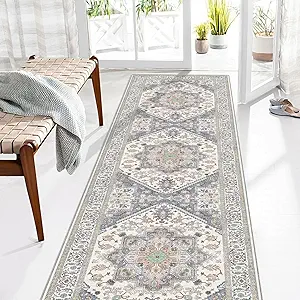 OPPODREAM Soft Entryway Rug 2x8, 2x8 Rug Runner, Washable Hallways Carpet 2 x 8 with Non Slip Backing, Low-Pile Bedside Carpet 2 x 8, Long, Faux Cashmere, Purple & Green & Cream