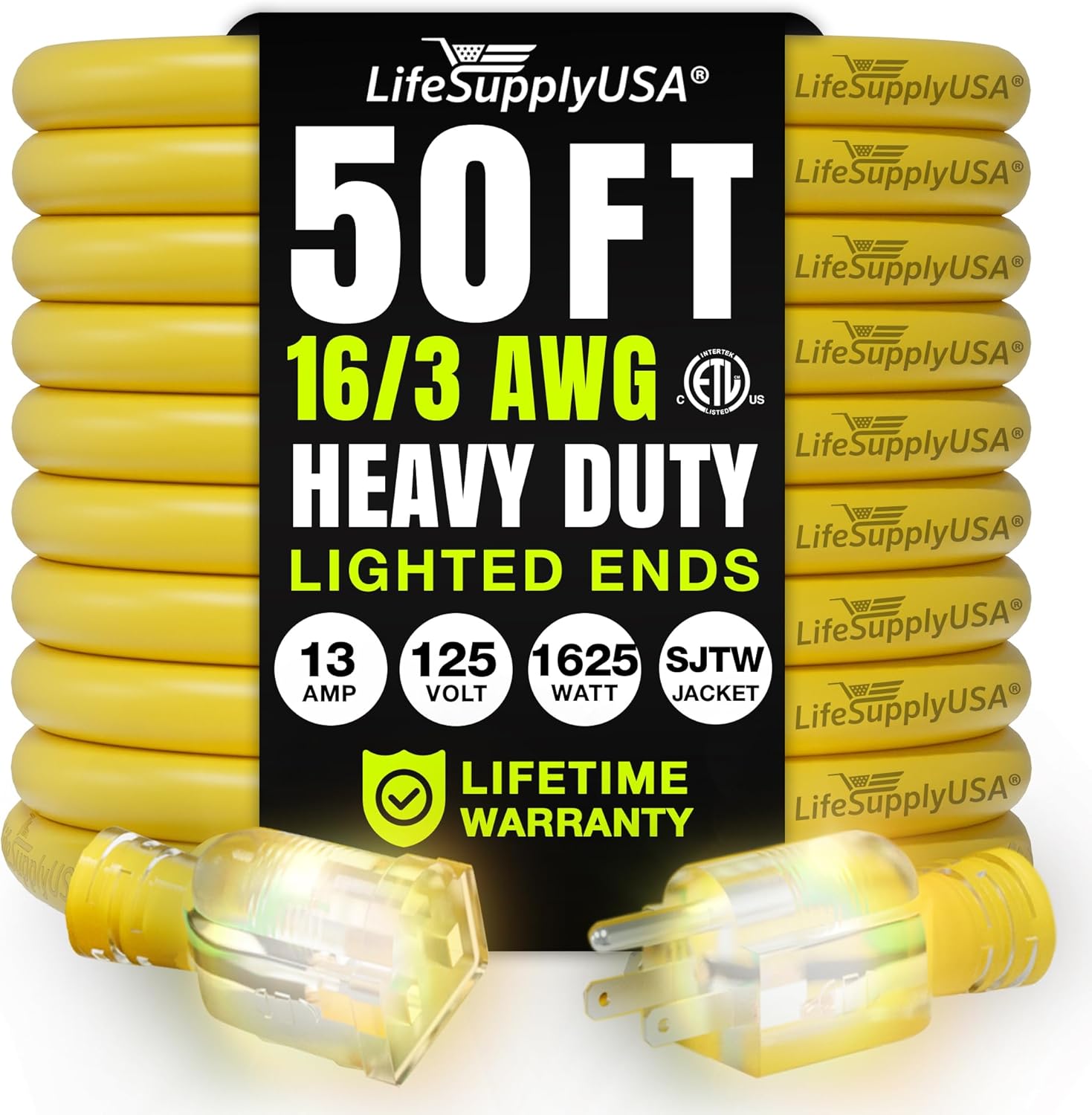 50ft Outdoor/Indoor Extension Cord 16/3 Gauge Heavy Duty 3 Prong SJTW, Waterproof, ETL Listed, Flexible Cold-Resistant Long Power Cord,13A 125V 1625W, Yellow by LifeSupplyUSA