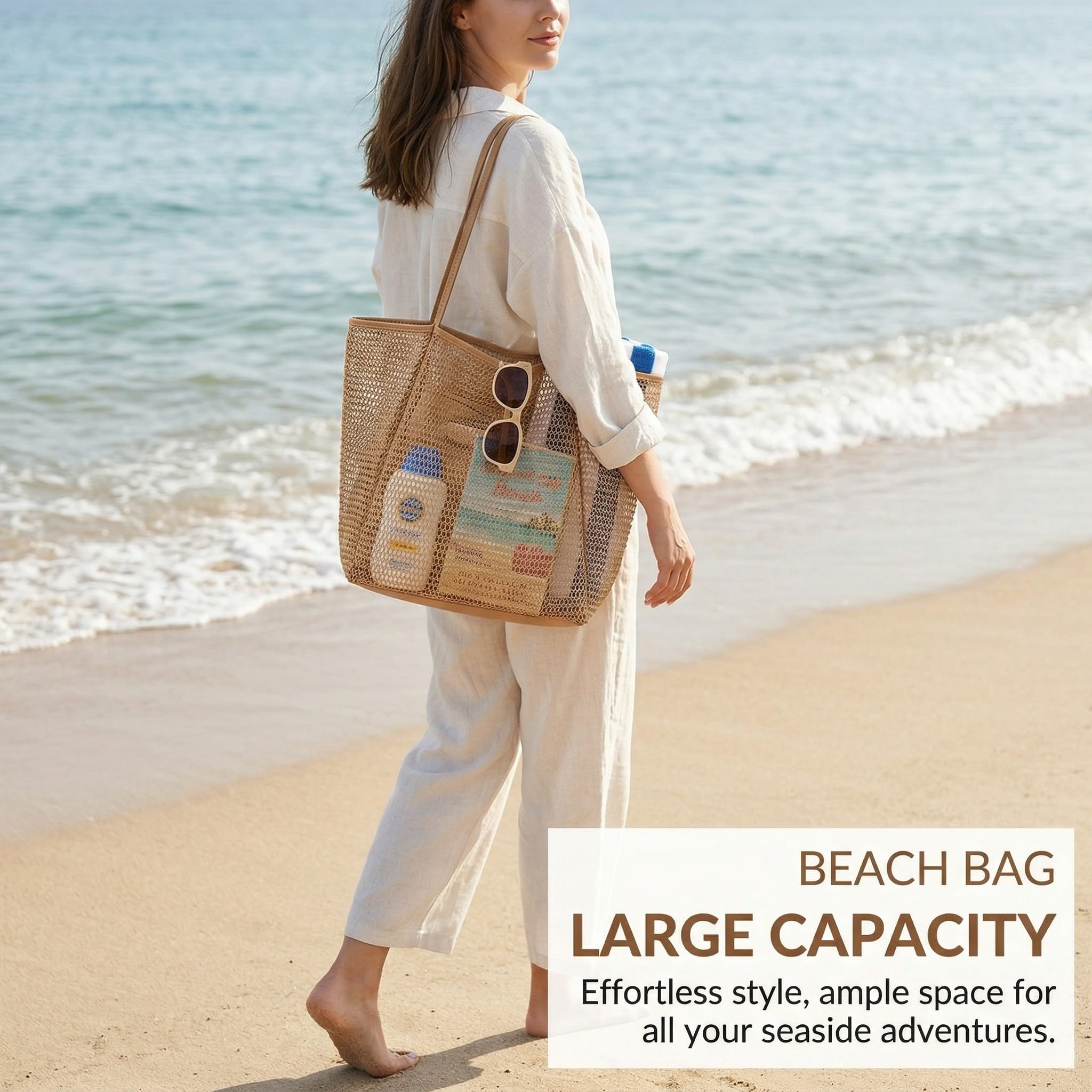 Borsa Mare Donna Grande Pieghevole in Nylon 35x17x37cm Marrone