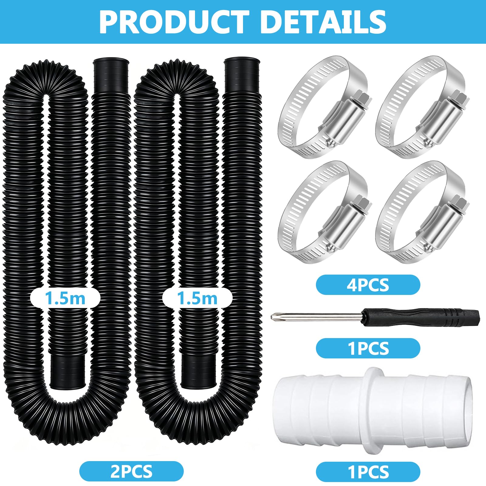2 WężE Basenowe 32 mm, Czarny Replacement Hose z 4 Klipsami ZabezpieczająCymi i 1 ZłąCzem WężA, Wąż Basenowy PE 150 cm do Pompy FiltrująCej i Basenu