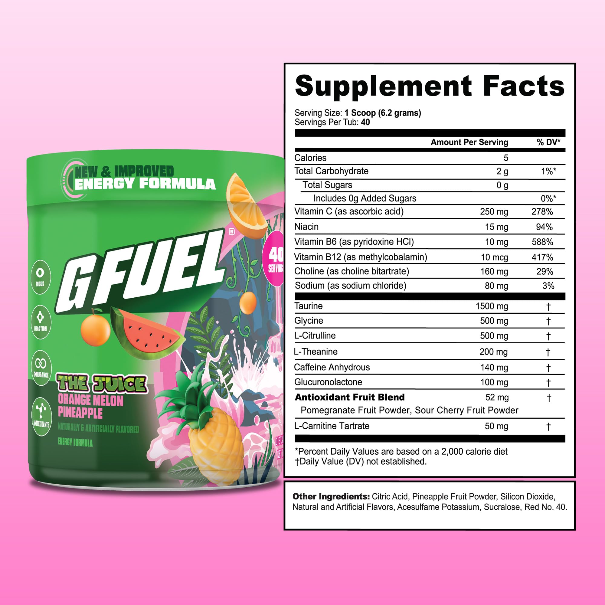 G Fuel The Juice 2.0 Energy Drink Powder, Pre Workout Caffeine Mix for Gaming, Sugar Free Focus Amino, Vitamin + Antioxidants, 8.7oz (Orange Melon Pineapple, 40 Servings) — Amazon image 3
