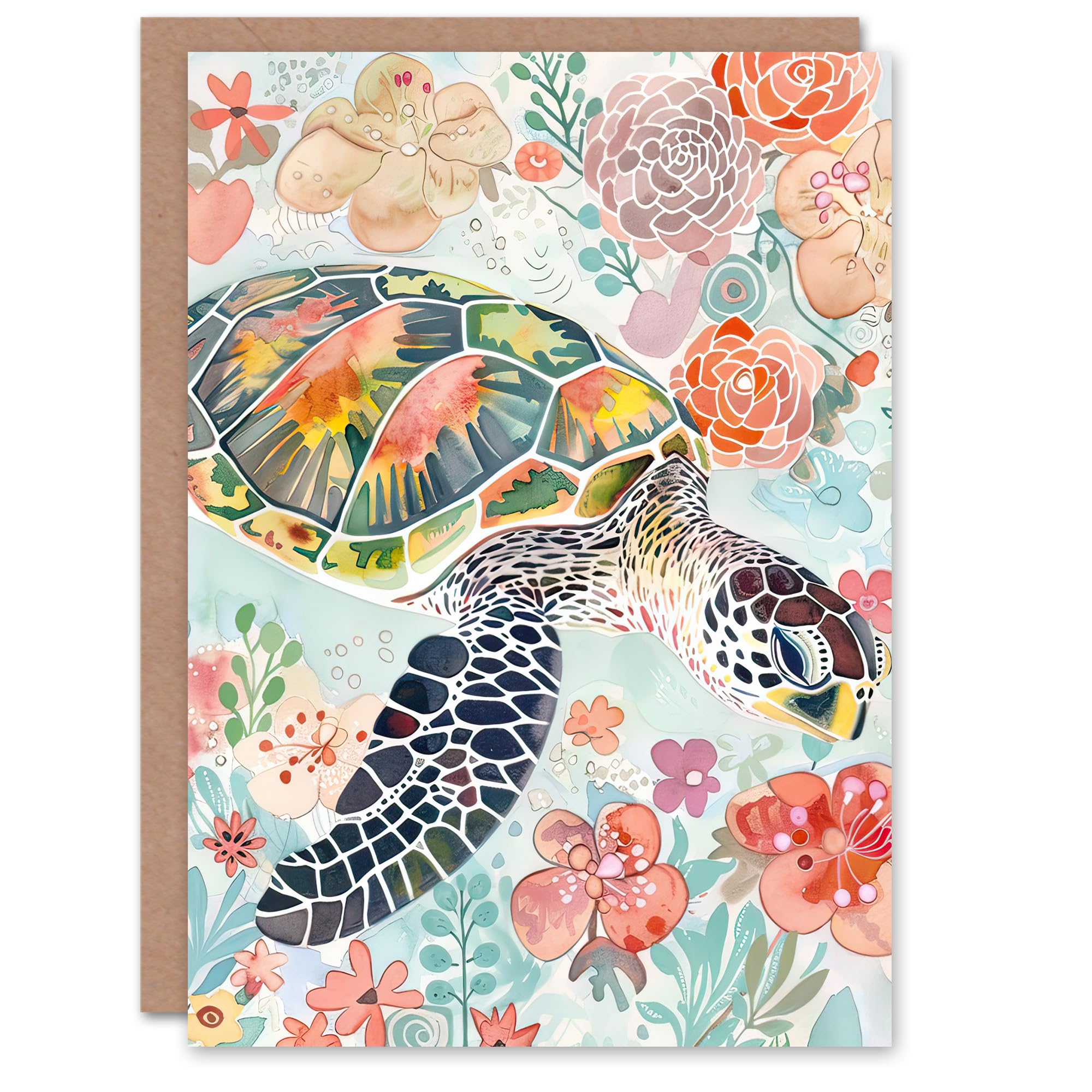 Artery8 Greeting Card Colourful Sea Turtle Marine Flowers Watercolour For Her Woman Birthday Card