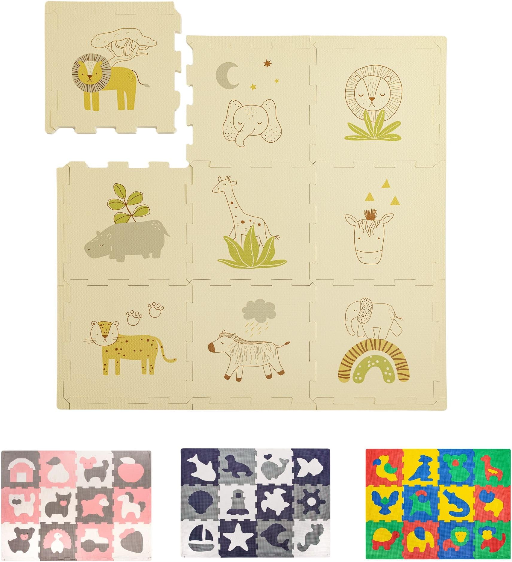 Hakuna Mat Stylish Puzzle Mat for Babies 0.9x0.9m - 9 Panels 30x30cm with Animals and 12 edges - 20% Thicker Play Mat in recyclable packaging - non-toxic, odorless crawling mat