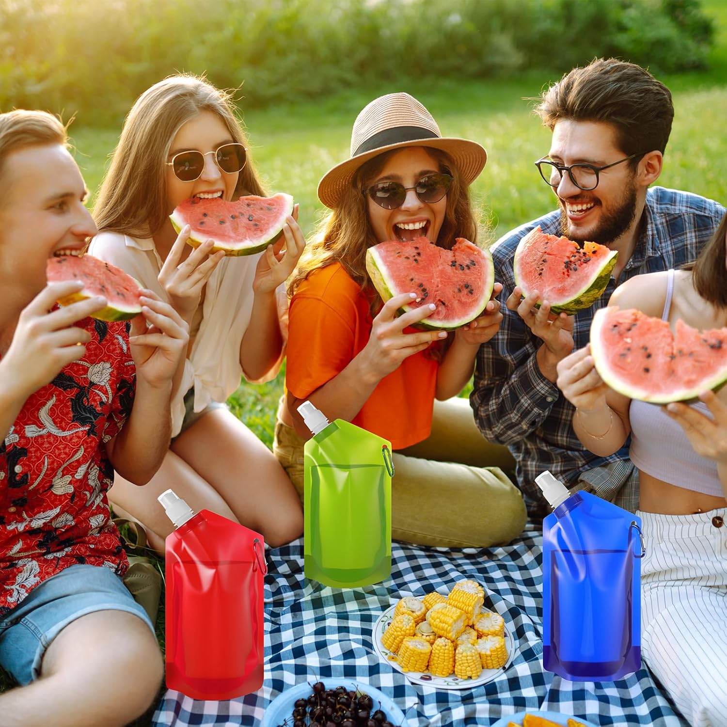 Funnymoom 24 Pack 25 oz Collapsible Water Bottles Bulk Foldable Bottles with Hook 6 Colors Reusable Drinking Leak Proof Water Pouch for Sports Camping Hiking Running Cycling Outdoor