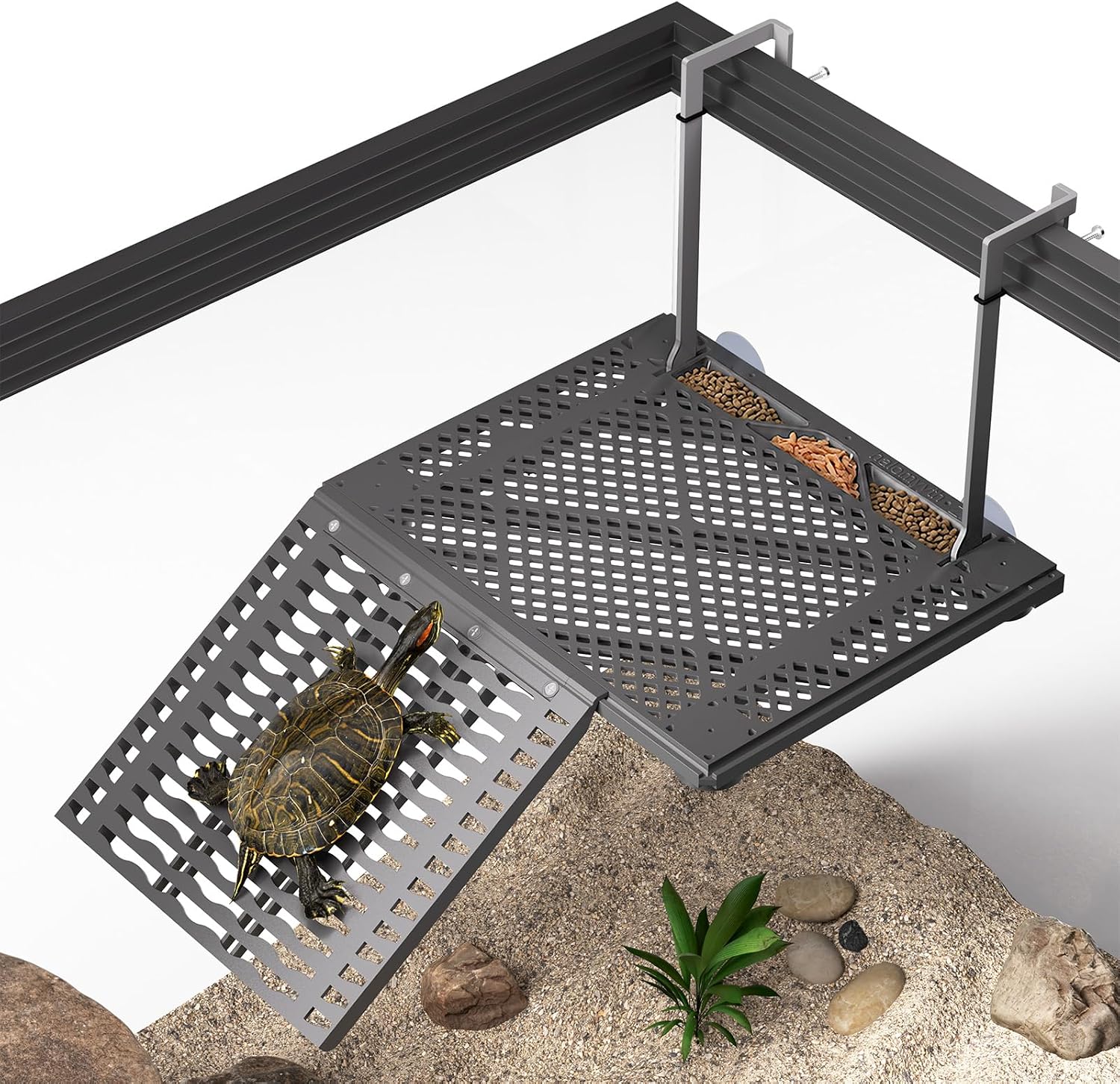 Upgraded Hanging Turtle Basking Platform with with Ramp, Built-in Food Tray | Stainless Steel Hooks, Non-Slip Ramp, No Zip Ties, Heavy-Duty Turtle Dock for 30+Gallon Aquariums (Fits Tanks 12+ In Wide)