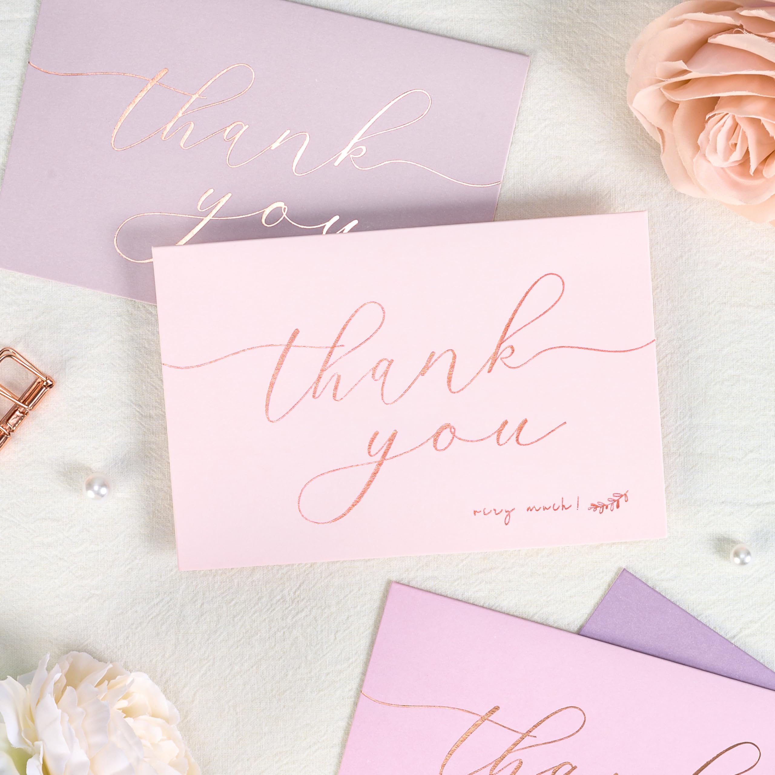 Crisky 50 tarjetas de agradecimiento de tono lavanda con sobres y calcomanías, tarjetas de felicitación simples y elegantes, perfectas para bodas, negocios, cumpleaños, graduación, 4 x 6 pulgadas