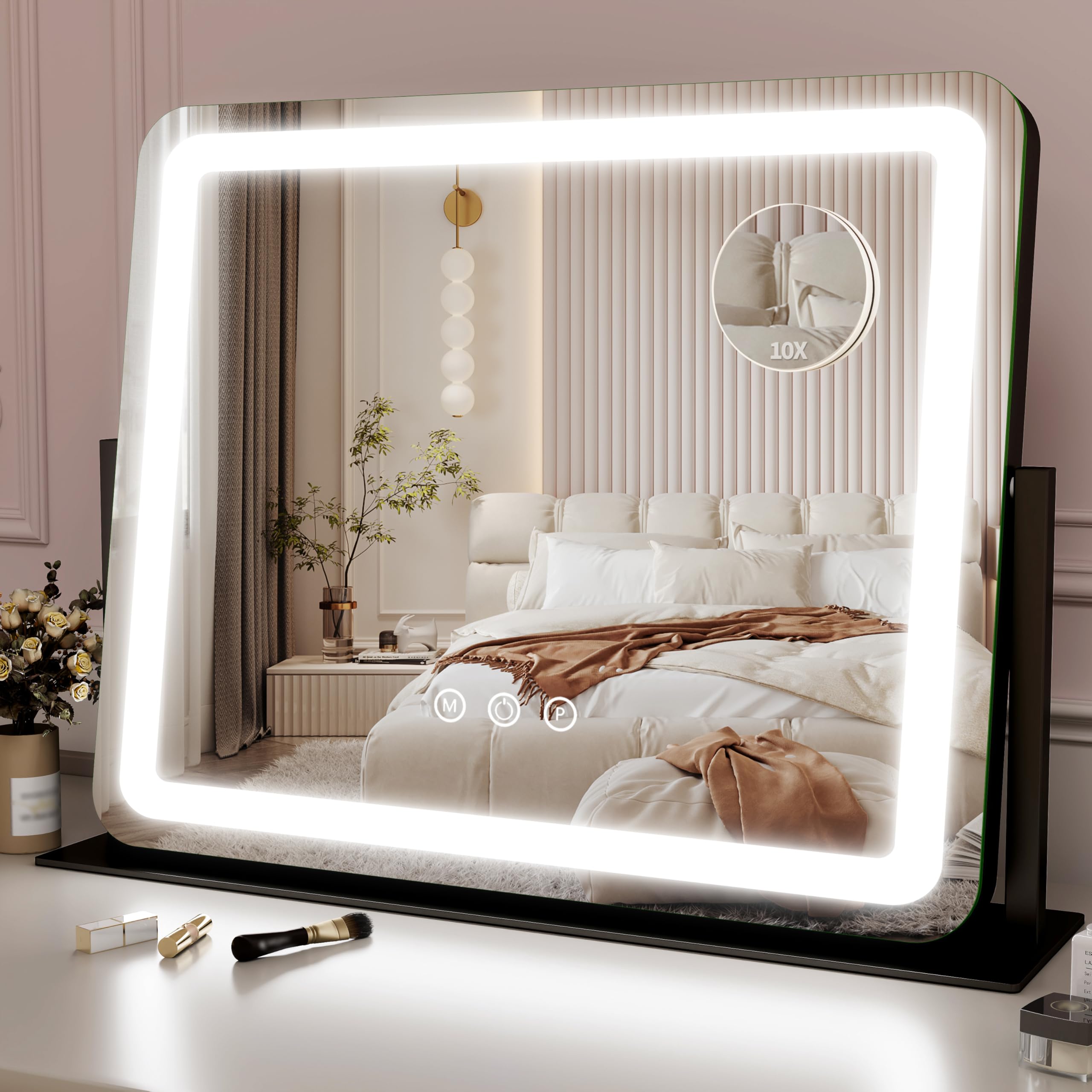 Photo 1 of ROLOVE 22x17 Inch Lighted Vanity Mirror with Dimmable LED Lights - 3 Color Modes, Smart Touch Control & 360° Rotating Base - Desk Makeup Mirror (Black)