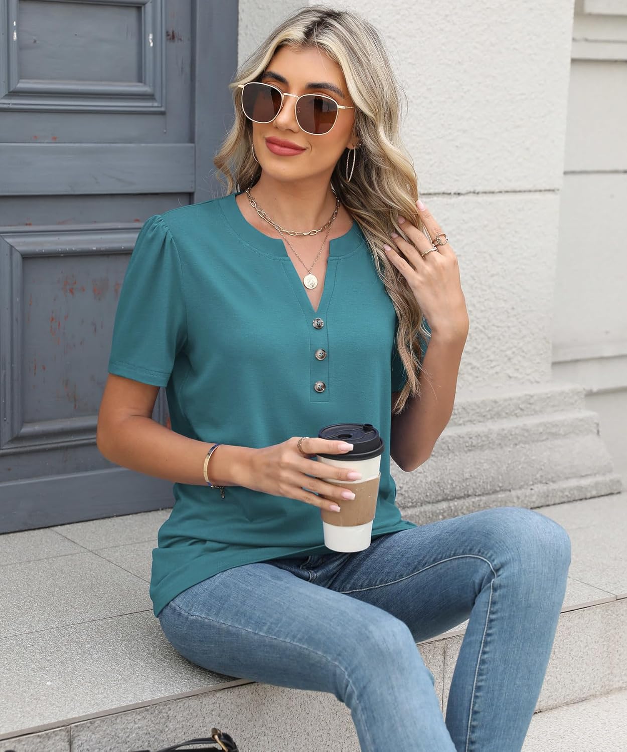 Womens Summer Tops 2026 Short Sleeve Shirts Beach Vacation Outfits Dressy Casual Blouses - Image 3