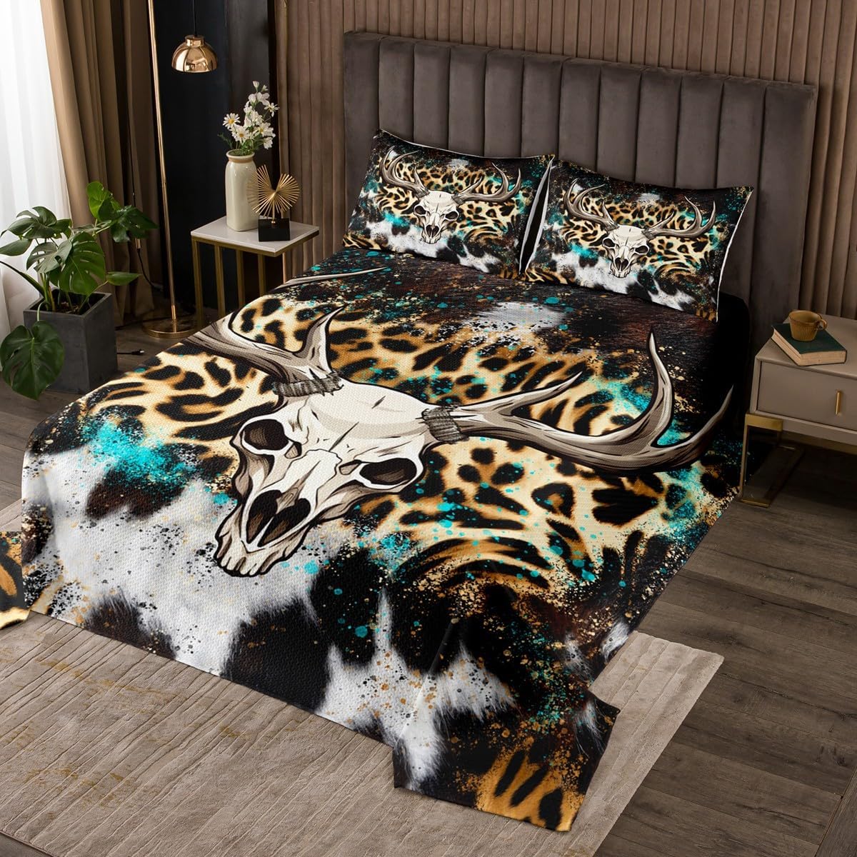 Erosebridal Cow Pattern Coverlet Set King Size Leopard Bedspread for Adults Men Women Rustic Aztec Cheetah White Teal Blue Quilted Coverlet Soft Luxury Quilted