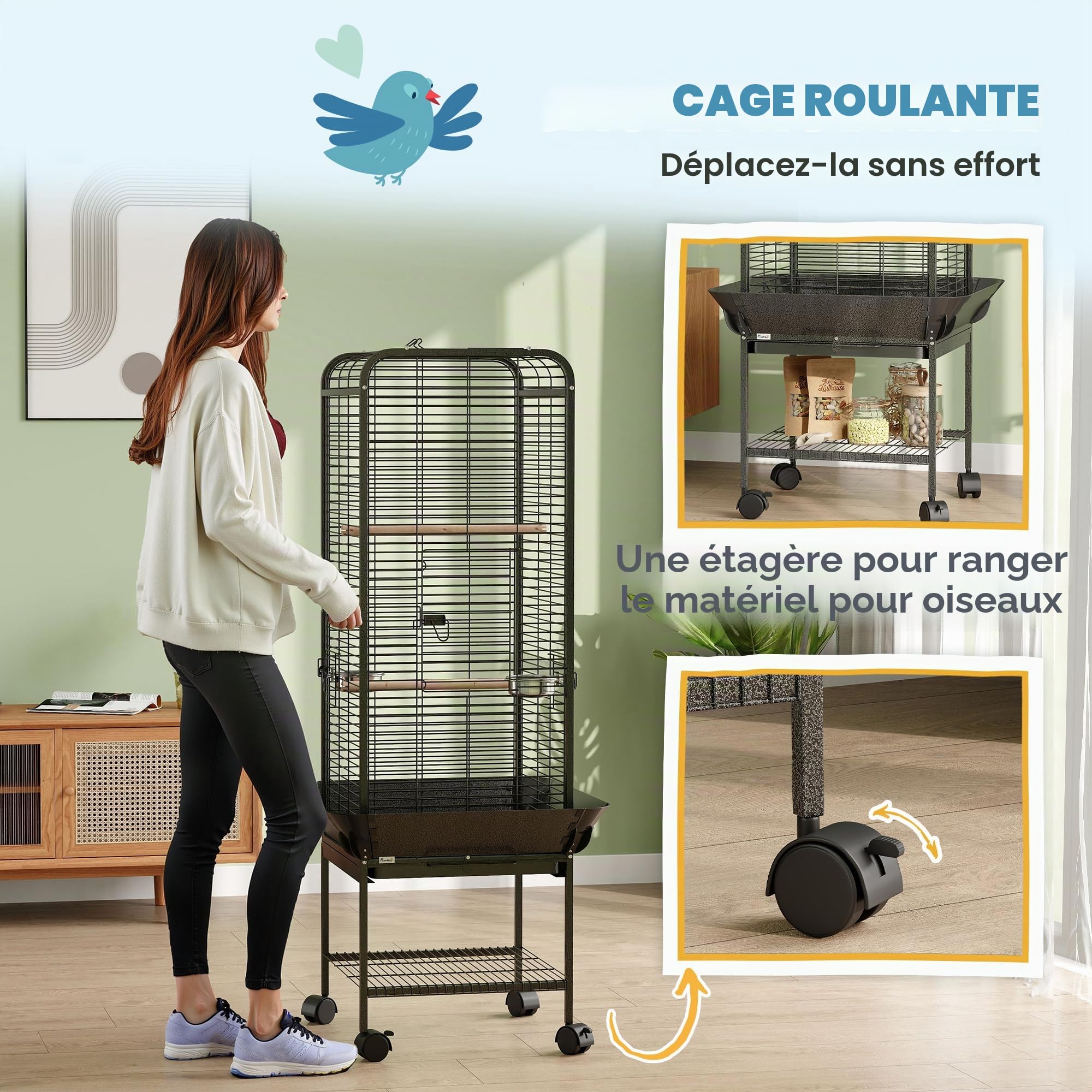 PawHut Cage à Oiseaux 62,5x62,5x146 cm Gris foncé | Roues, perchoirs, mangeoires, étagère, bac amovible, pour cacatoès & perroquets