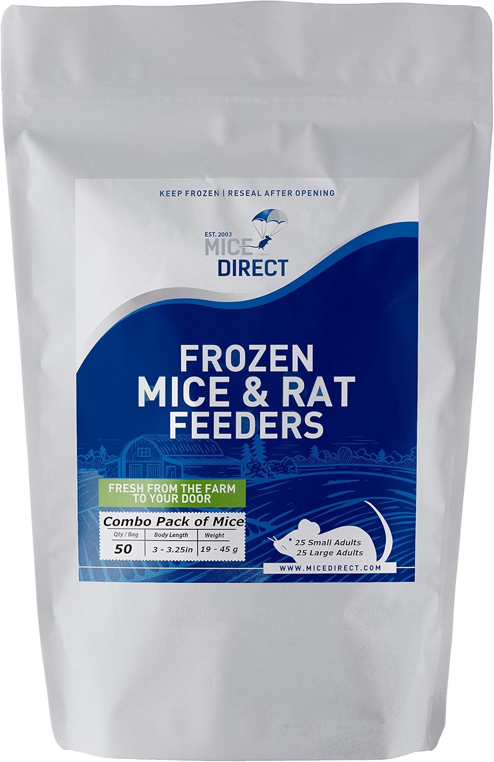MiceDirect EST. 2003 Frozen Mice Combo Pack of 25 Mice Small Adults and 25 Large Adult Feeders Food for Ball Pythons Monitors (2.5-3.25 in)(200 Grams Min)