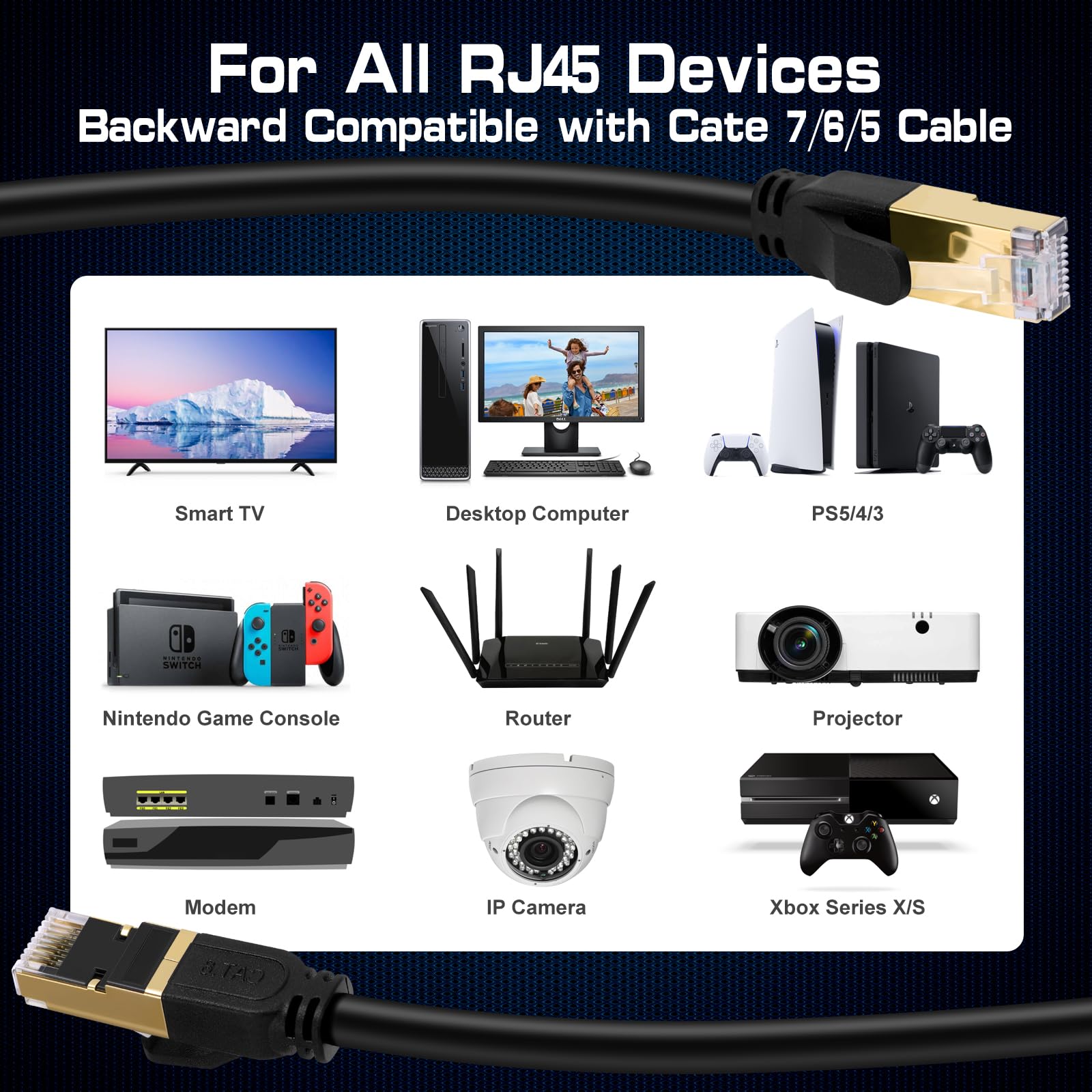 Cavo Ethernet Cat 8, 50 m, resistente, ad alta velocità, con connettori RJ45 placcati oro, 26 AWG, 2000 MHz, per interni ed esterni, per modem, router, PC da gioco