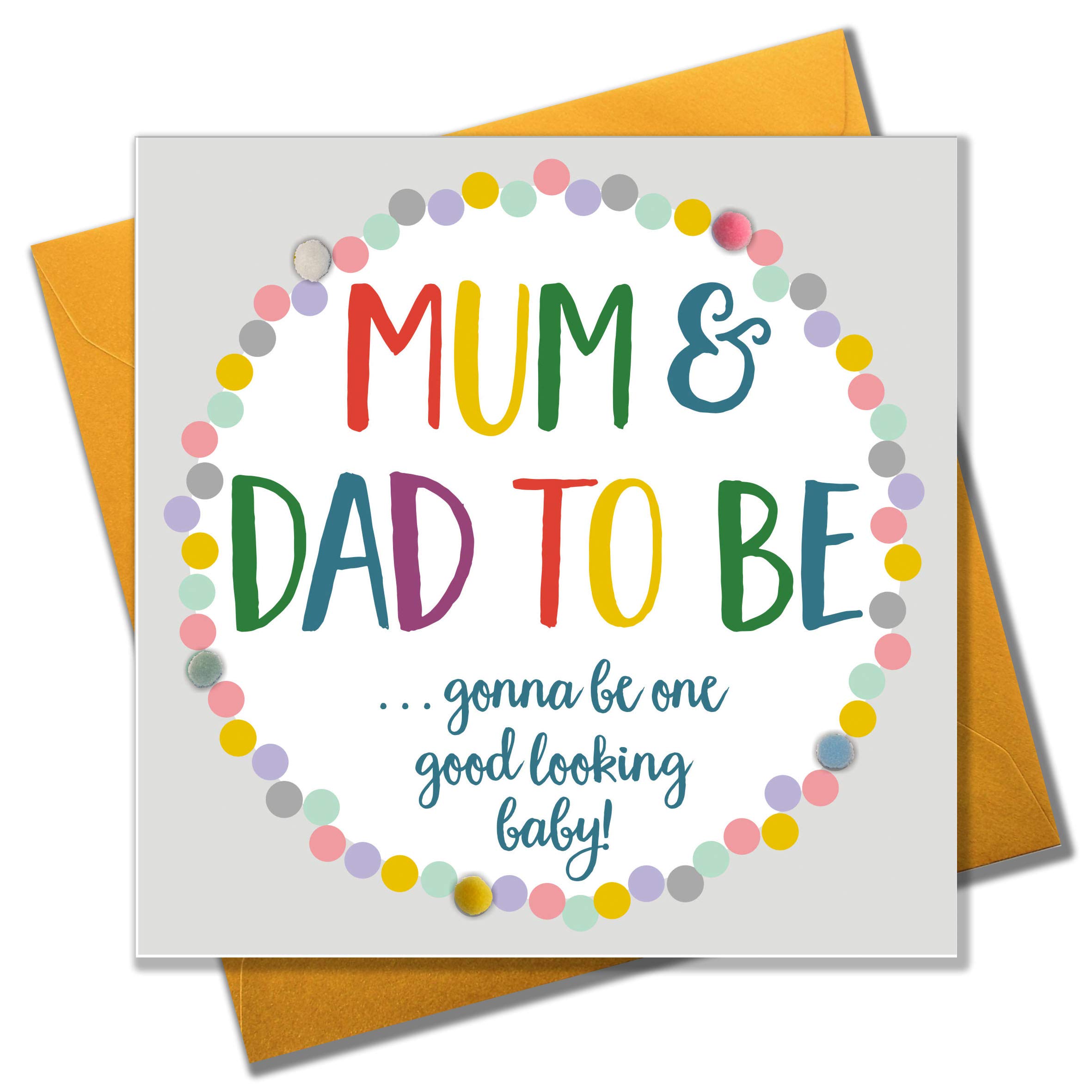 Claire Giles Greeting Cards, Baby Card, Colour Dots, Mum and Dad to Be Good Luck, Embellished with pompoms