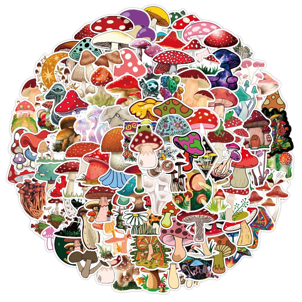 Fungo Carino Adesivi, 100 Pezzi Impermeabile in Vinile Kawaii Adesivi per Laptop, Skateboard, Bottiglia D'acqua