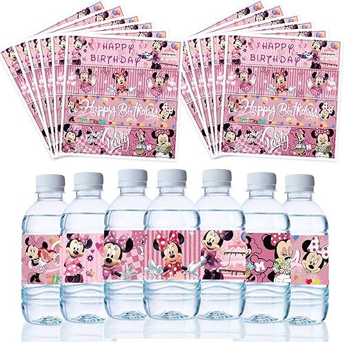 Suministros de fiesta de cumpleaños de ratón, 48 etiquetas para botellas de agua de ratón rosa, recuerdos de fiesta de ratón, calcomanías de botella