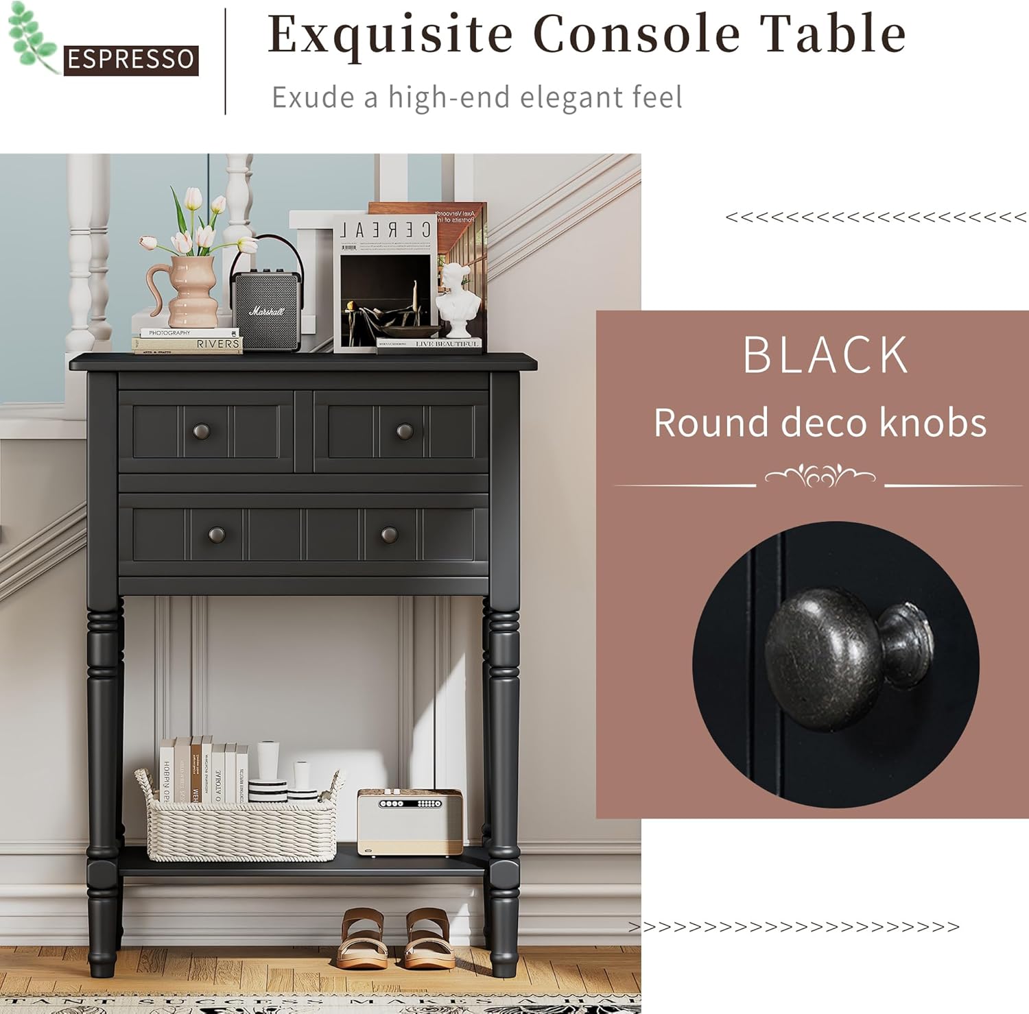 Ball & Cast 23.7" Classic Console Table with 3 Storage Drawers and Bottom Shelf,Wooden Sofa Table Behind The Couch,Entryway Table with Tapered Legs for Entrance, Hallway, Living Room,Black