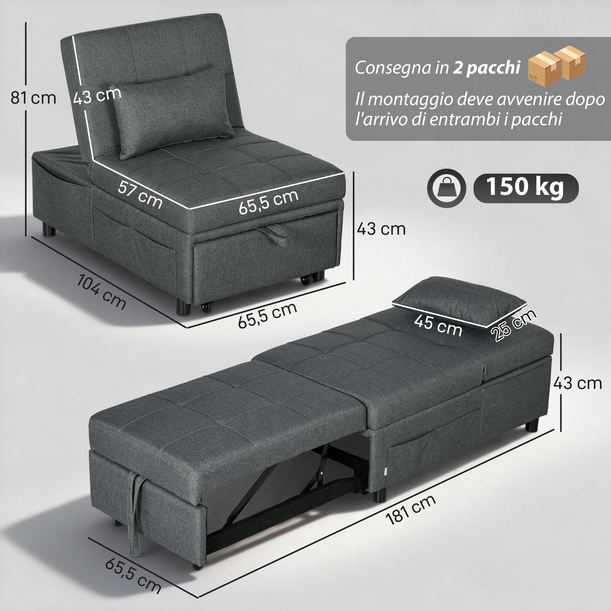 HOMCOM Poltrona Letto Singolo 3 in 1, Poltroncina Reclinabile a 3 Livelli con Rivestimento in Tessuto Effetto Lino e Cuscino, 65.5x104x81 cm, Grigio