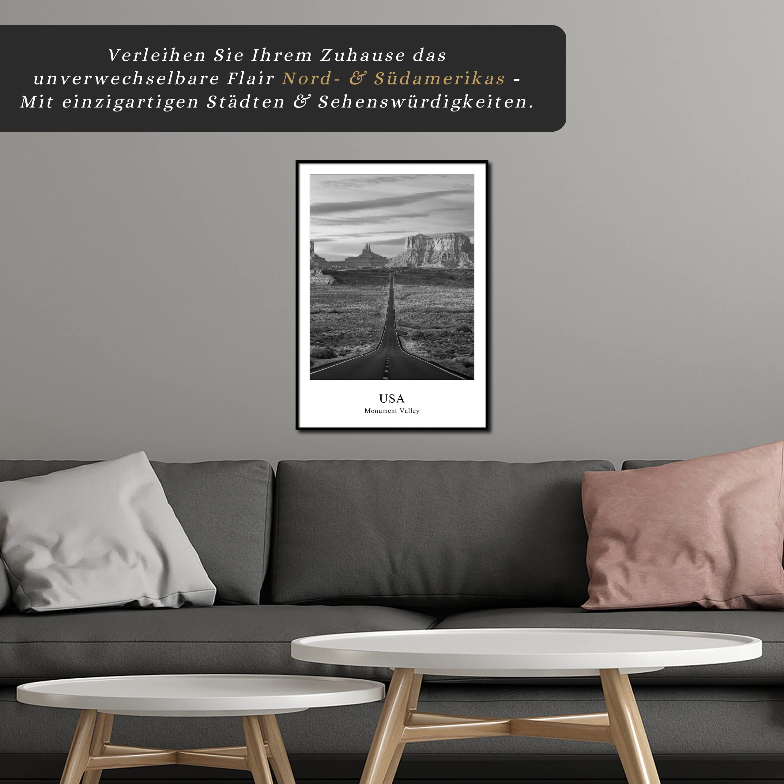 daazoo Wandbild Monument Valley | gerahmtes Bild Rahmenbild | USA Hochebene Utah Arizona Filmkulisse Tafelberg Felstürme Natur | Bild schwarzweiss schwarz weiß mit Rahmen | 50 x 70 cm
