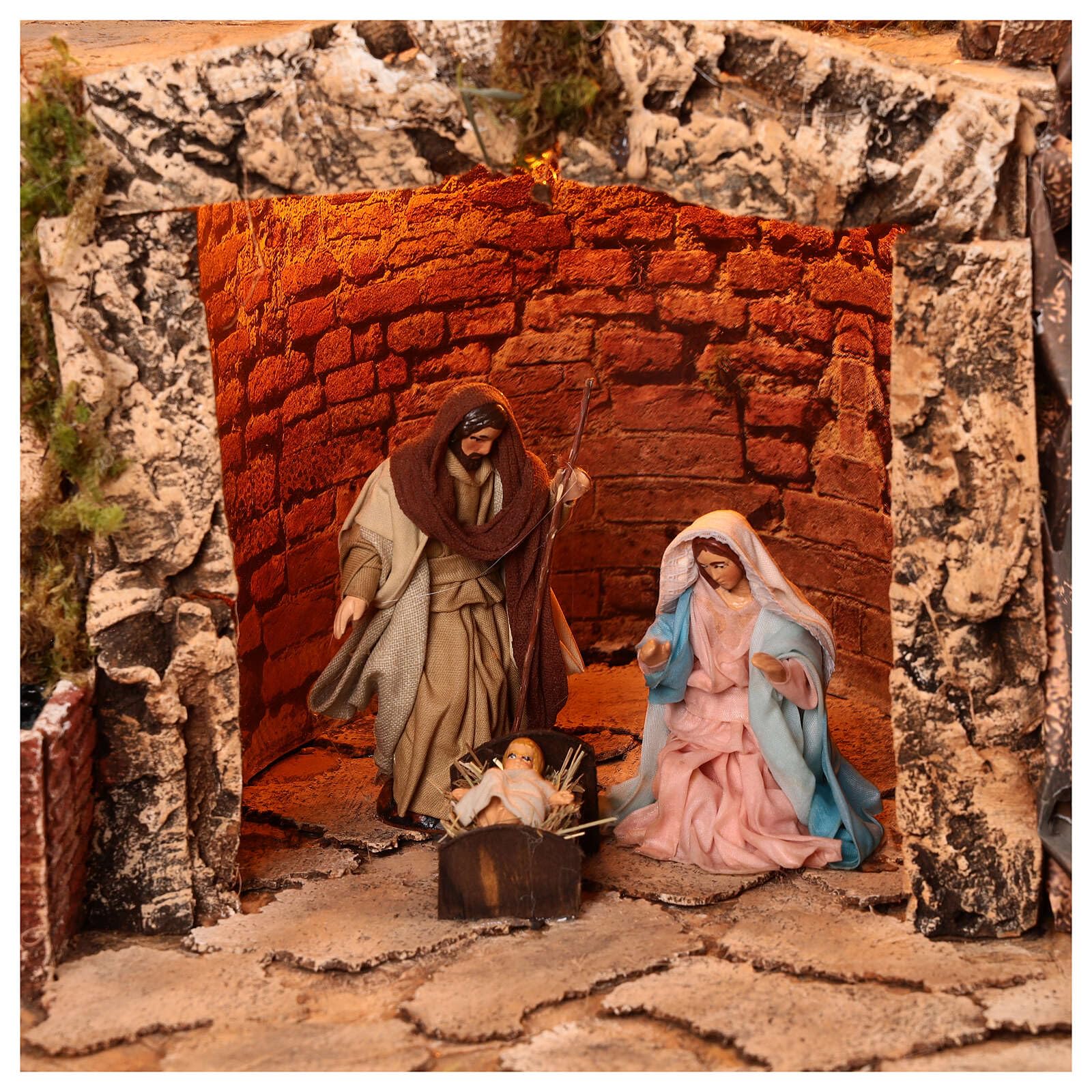 Holyart Lighted Neapolitan Nativity Village 70x45x60 cm Waterfall Animated Mill 10 cm, with figurinesLength: 70 cm|Width: 45 cm|Height: 60 cm