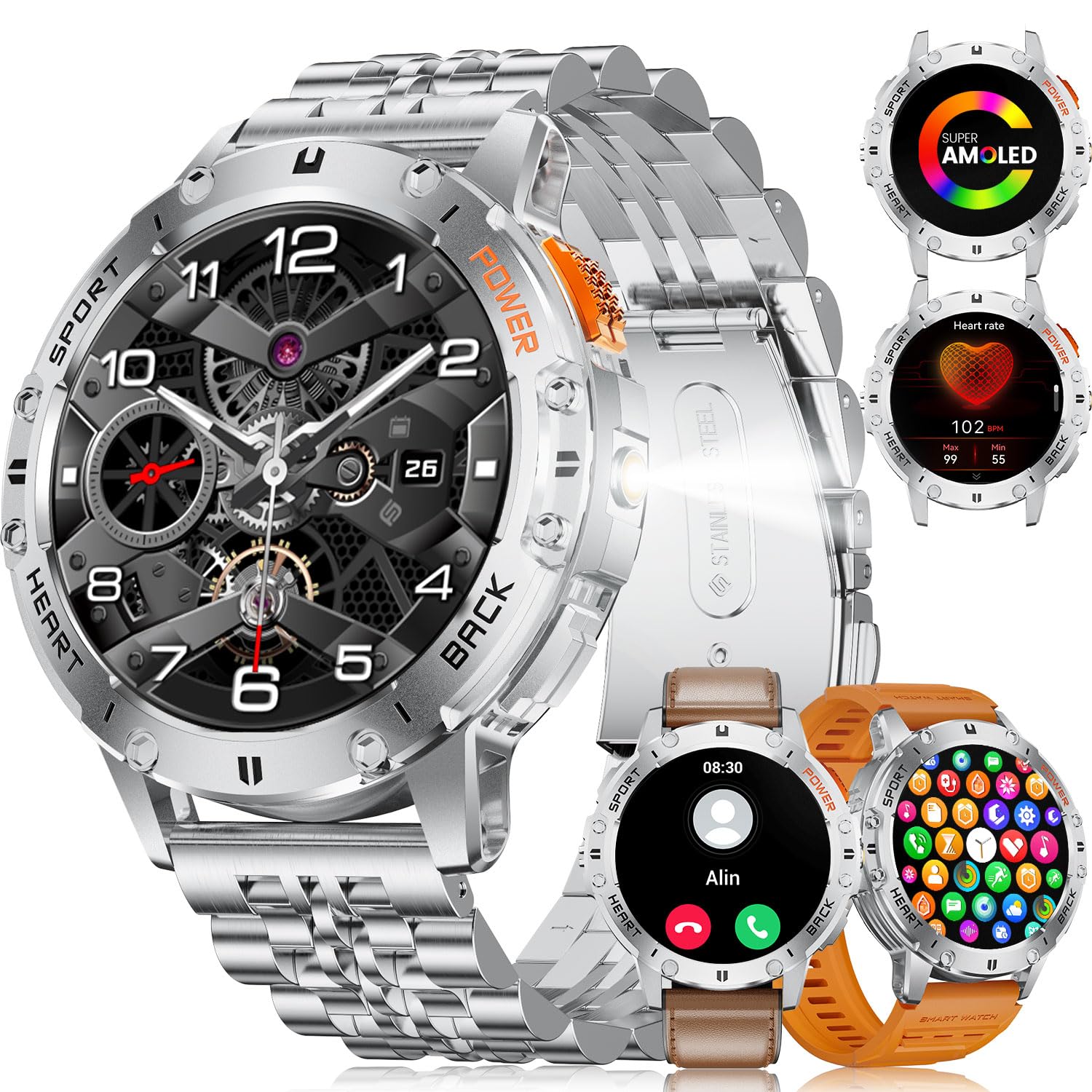 ESFOE Orologio Smartwatch Uomo con Torcia LED(3 Cinturini),1,43'' AMOLED Militari Smart Watch con impermeabile 5ATM,530 mAh Fitness Tracker Contapassi 120+ Modalità Sport robusto orologio con Chiamate