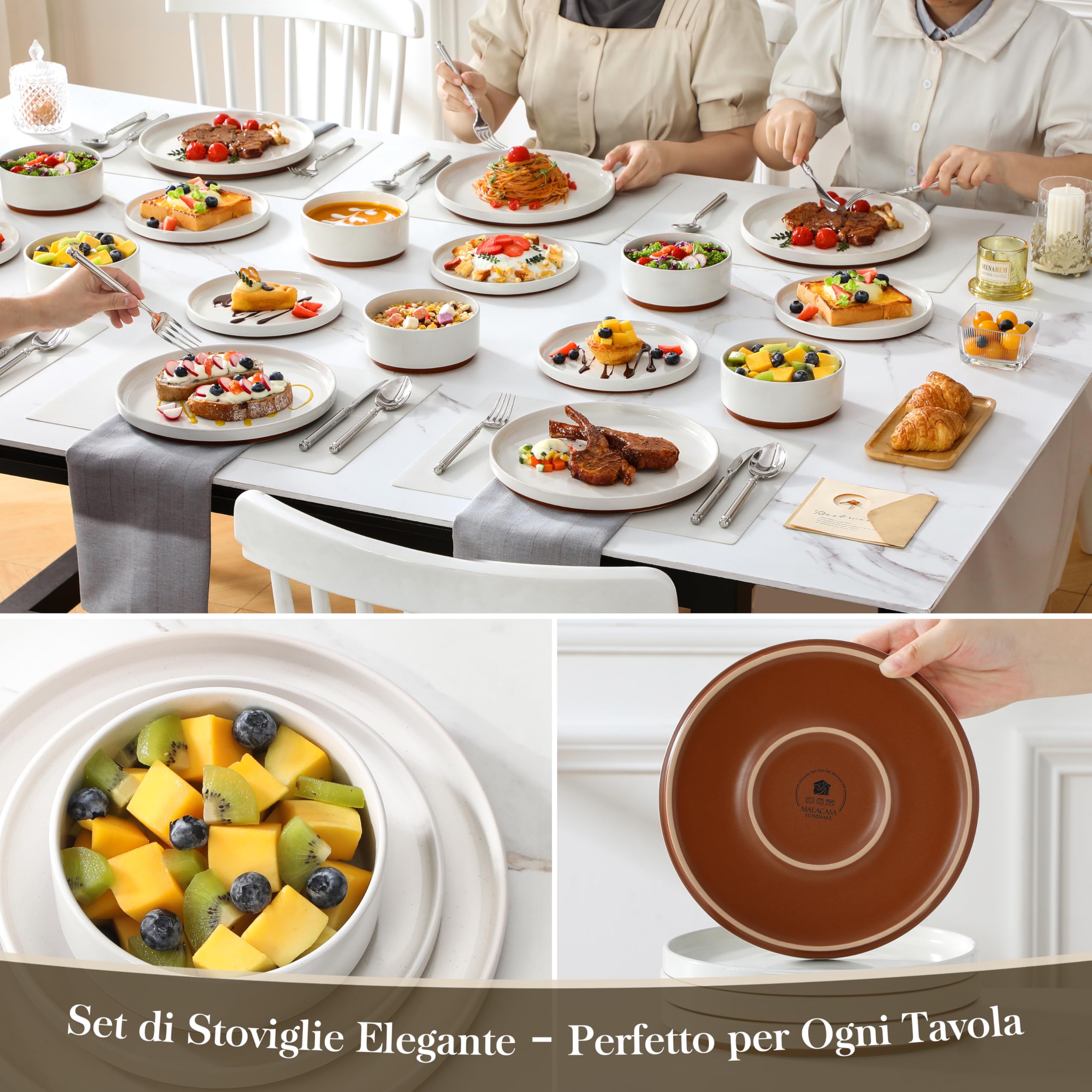 MALACASA Servizio di Piatti 8 Persone, 24 Pezzi Set di Piatti Moderni in Gres con 8 Piatti Piani, 8 Ciotole per Cereali, 8 Piatti da Dessert, Bianco - Serie LEAH