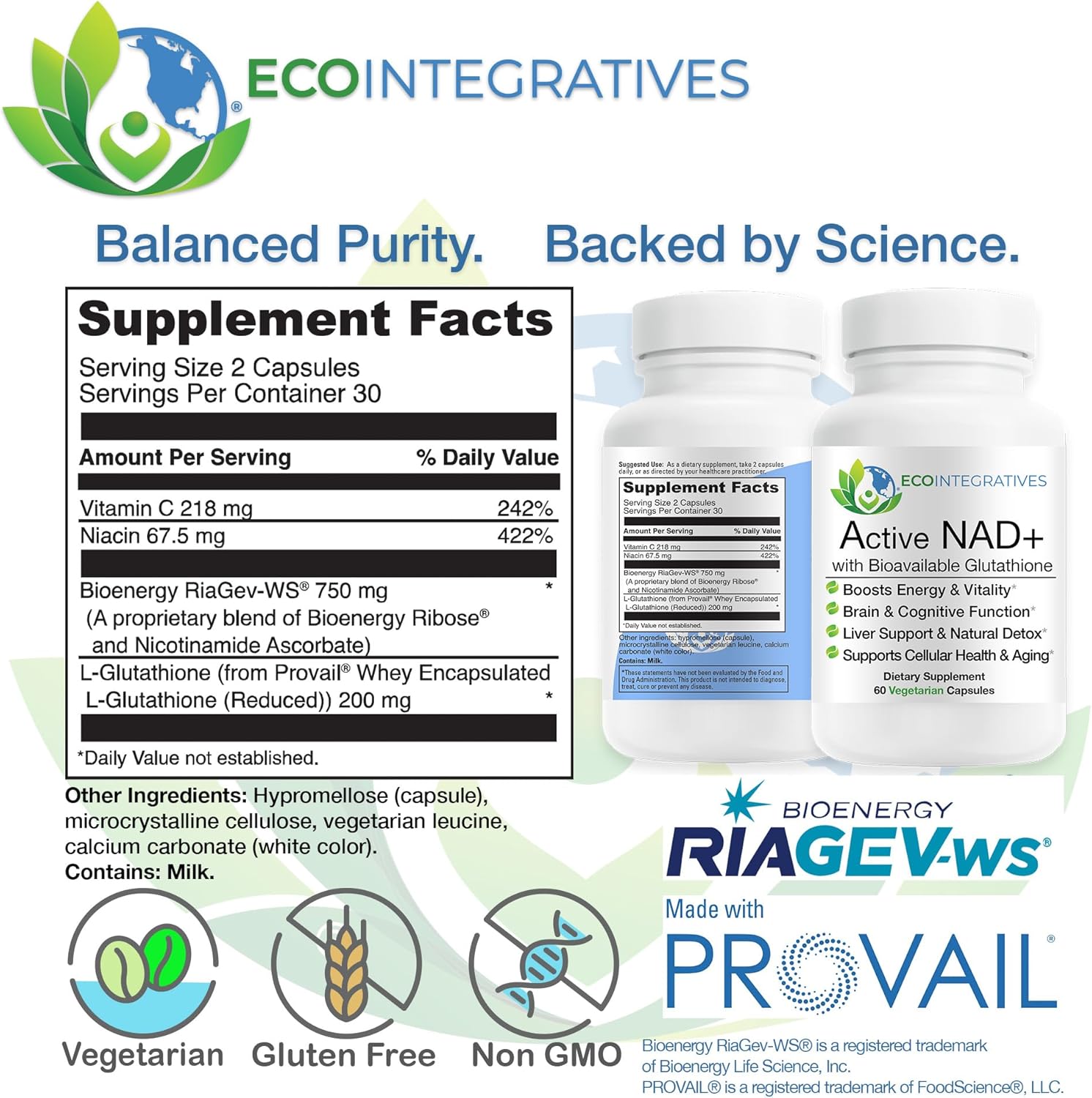 Active NAD+ with Bioavailable Glutathione – Energy, Brain & Cellular Support Supplement – RiaGev® NAD+ Booster + Provail® Glutathione – 60 Vegetarian Capsules
