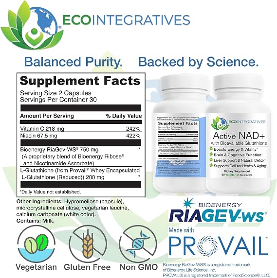 NAD+ نشط مع مكمل دعم الطاقة الحيوية للجلوتاثيون والدماغ والخلايا RiaGev NAD+ Booster + Provail Glutathione 60 كبسولة نباتية