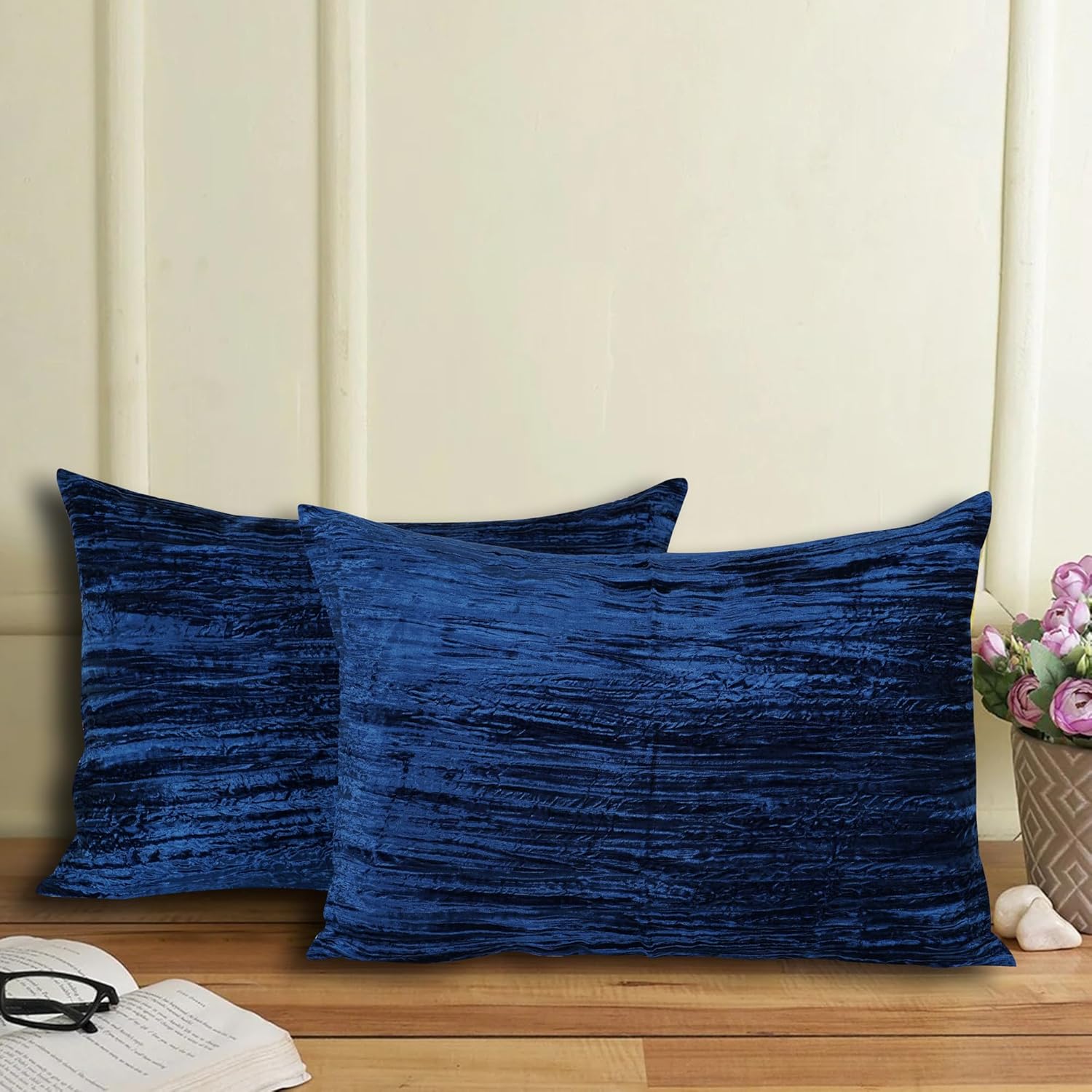 Luxe Boho Decor Crushed Doona Bedding Art Solid Hippie Stylish UO Large Unique Velvet Pillow Cover Set of 2 (Crush-Blue, 26x26 Inches)