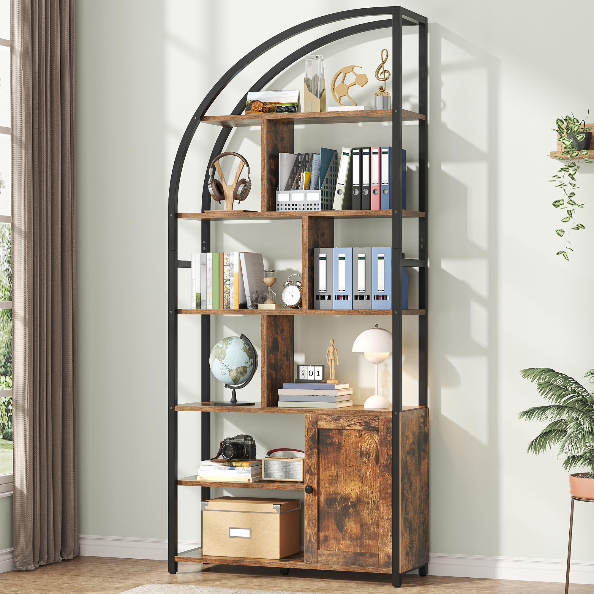 Semoic 6-Tier Bookshelf with Door, 71.1" Tall Industrial Book Shelf with Metal Frame & 9 Open Display Shelves, Large Display Shelving Unit, Brown