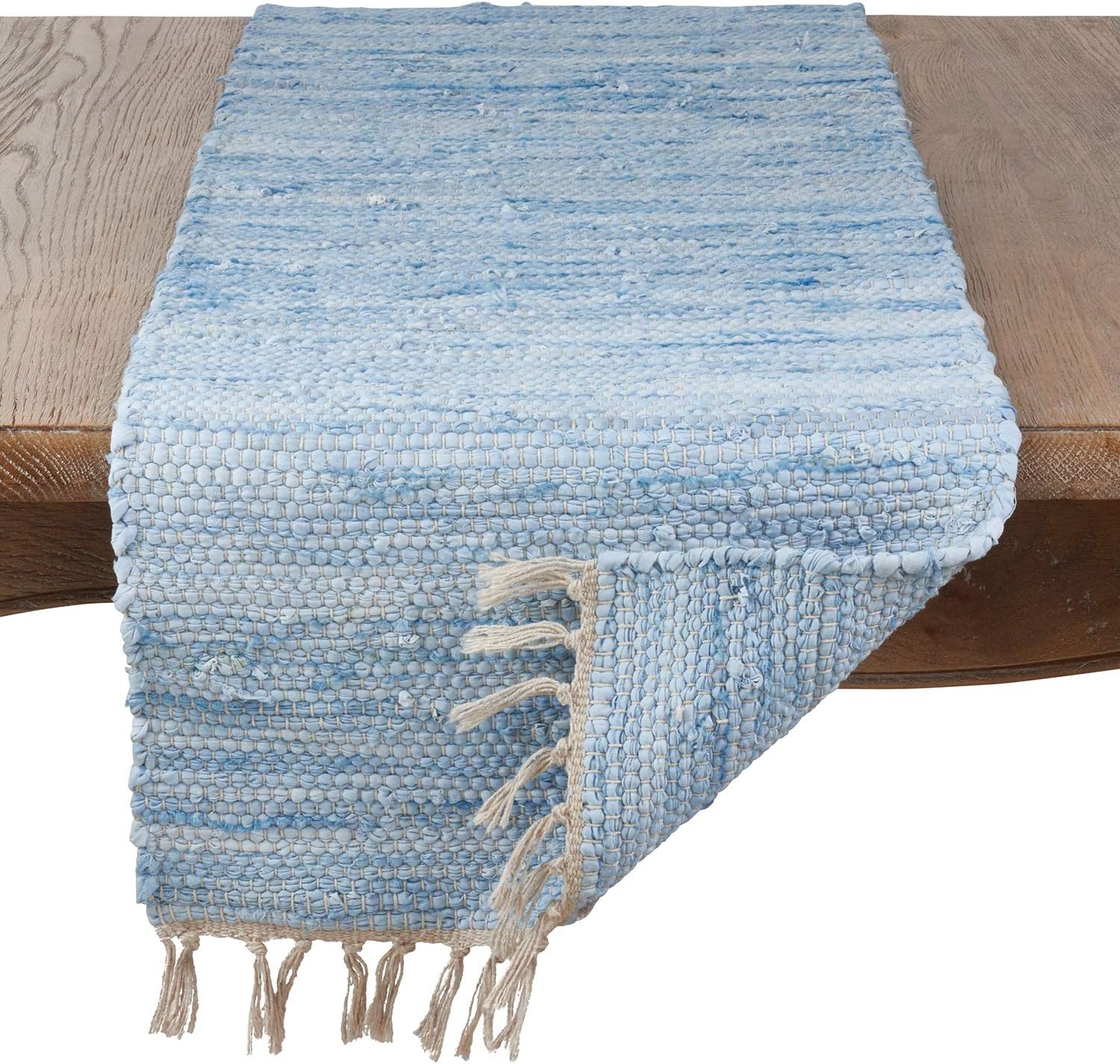 Fennco Styles Amalfi Collection Rustic Tasseled Chindi 100% Pure Cotton 16 x 72 Inch Table Runner – Aqua Table Runner for Banquets, Dinner Parties, Special Events and Home Décor
